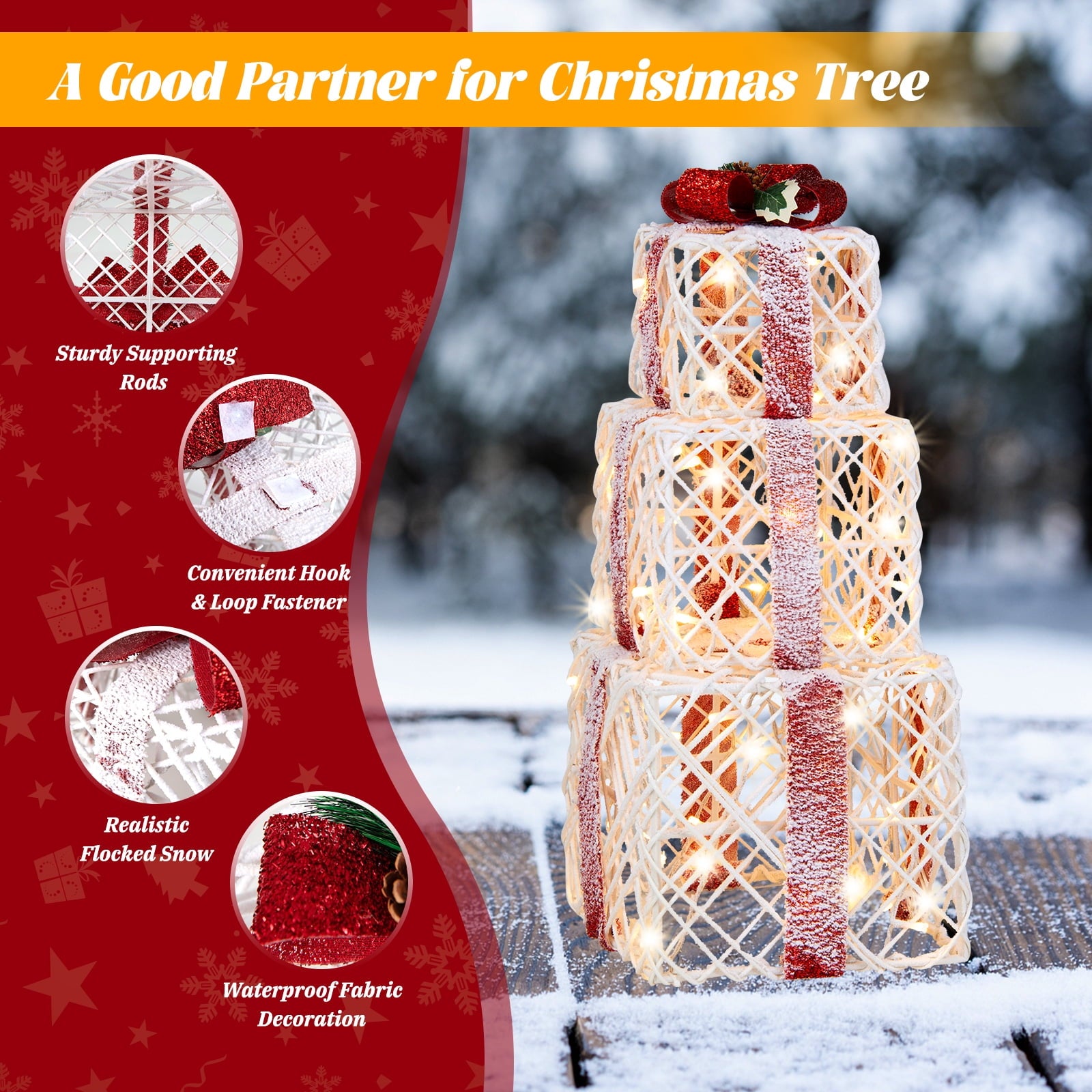 Topbuy Set of 3 Christmas Lighted Gift Boxes Battery Powered Present Boxes w/Red Bows 60 Warm Lights & 6 Hours Timing Function