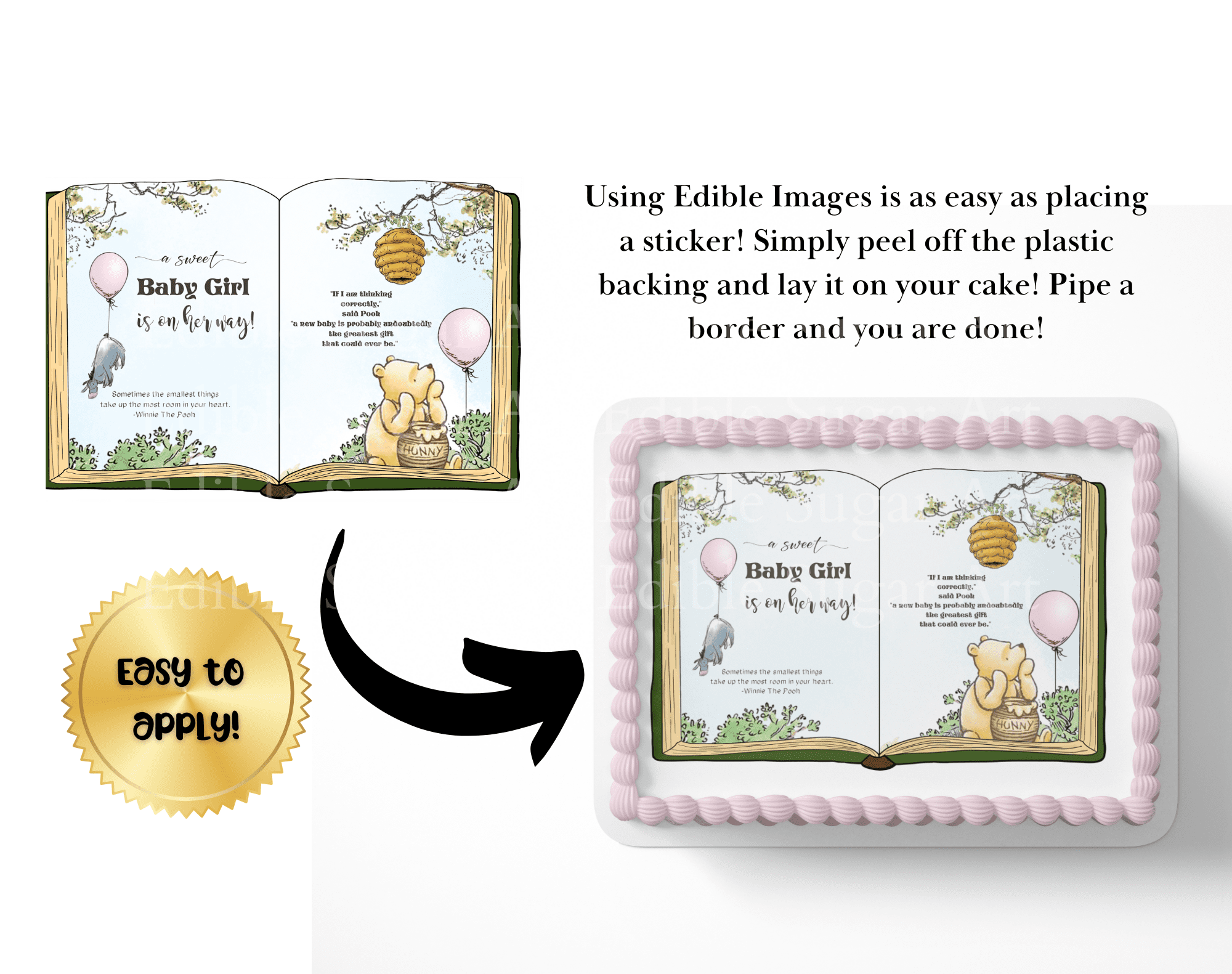 Cake Topper Winnie the Pooh Pooh Bear Baby Girl Shower Edible Image, 1 Count