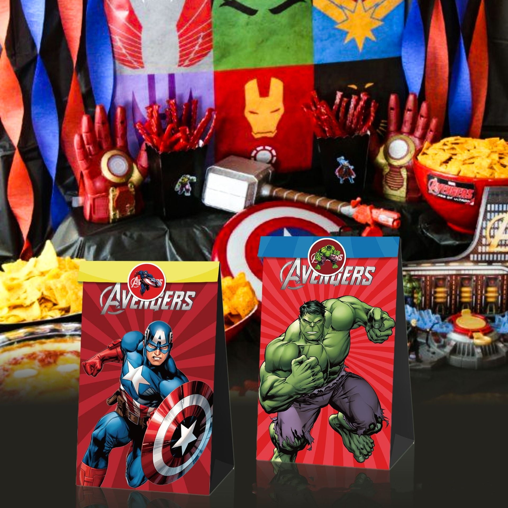 24 PCS Party Favor Candy Bags for Avengers Themed Birthday Supplies Decor,Kids Birthday Game Party Kraft Paper Goodie Gift Bag Decorations