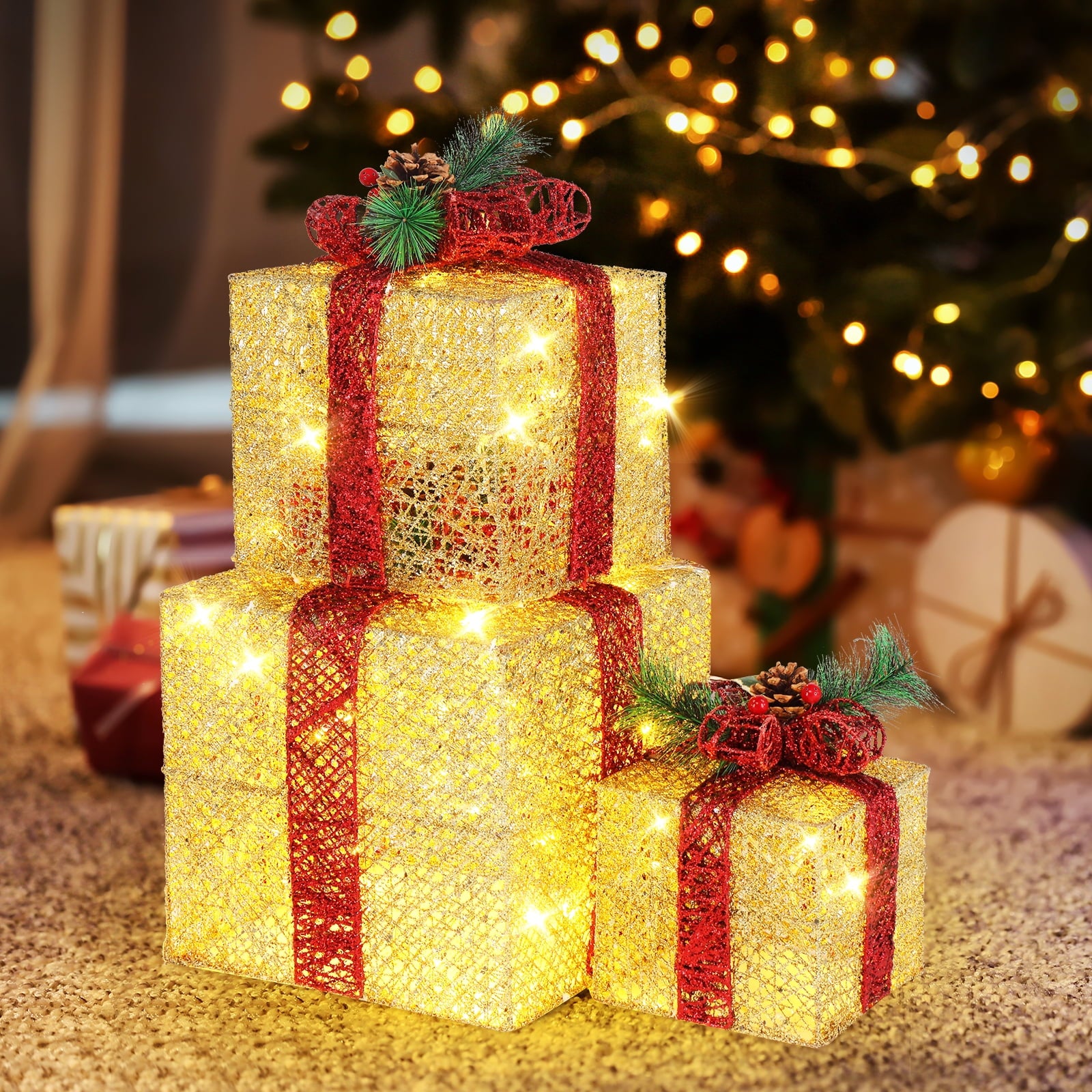 UBesGoo 3pcs Christmas Decoration Gift Boxes Decor for Christmas Tree,Xmas Christmas Tree - Golden
