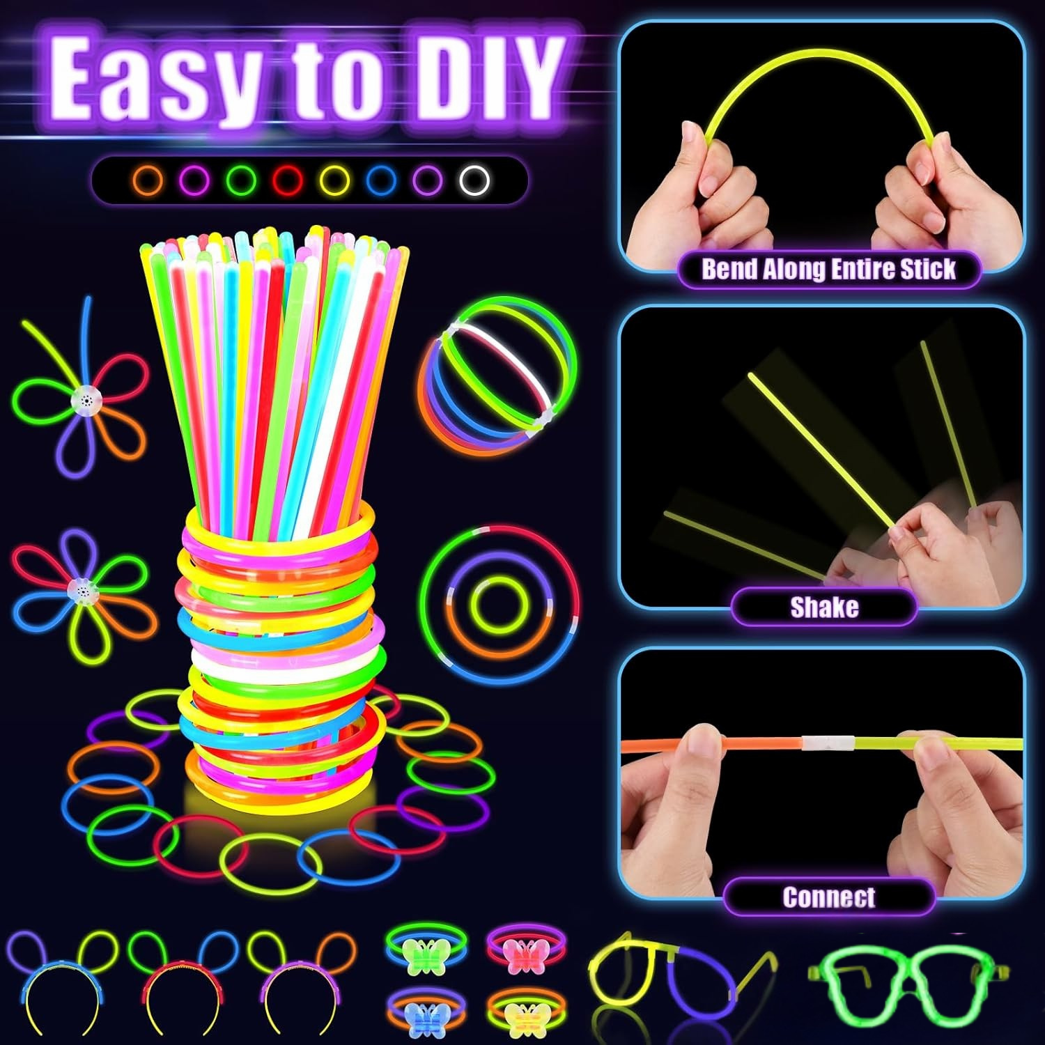 250 Pcs Glow in the Dark Party Supplies for Kids Adults, Light Up Favors with Rings, Glow Sticks DIY Glow Necklaces Bracelets Glass Hair band, Neon Party Supplies