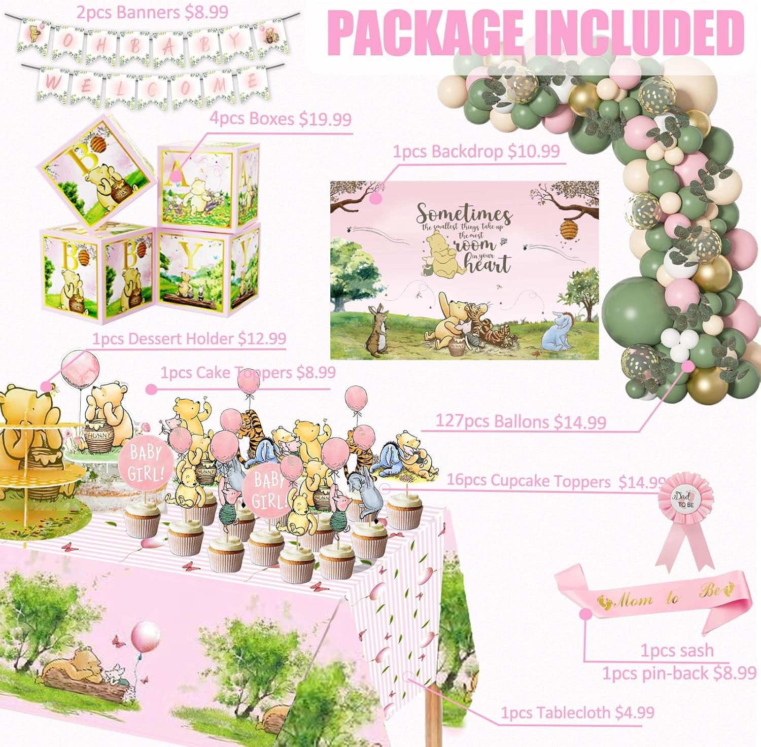 158pcs Pink Classic Winnie Baby Shower Decorations Kit, Vintage Winnie Party Supplies Decorations, Classic Pooh Backdrop Cake Topper, Winnie Baby Tablecloth Box Decorations for Girl Boy Baby Shower