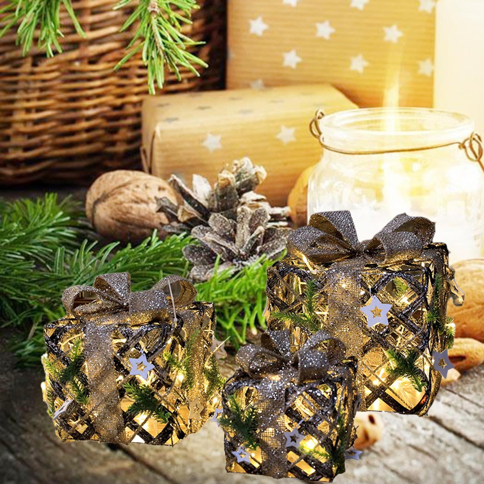 3 Pieces Christmas Lighted Up Gift Boxes Decorations, Tinsel Present