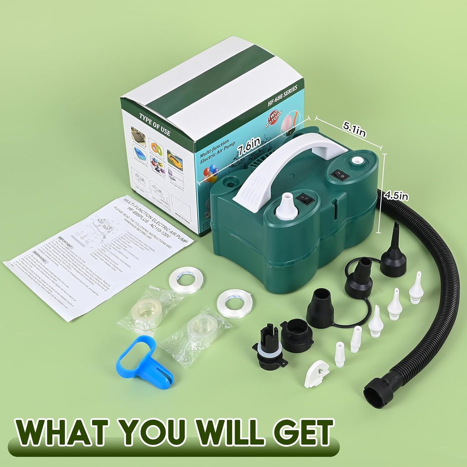 3-in-1 Electric Balloon Pump, Portable Air Pump for Latex 260q Foil Balloons, Dual Nozzle Balloon Blower Machine for Party Decoration, 110V AC Inflator Deflator for Inflatables Pool Floats Mattress