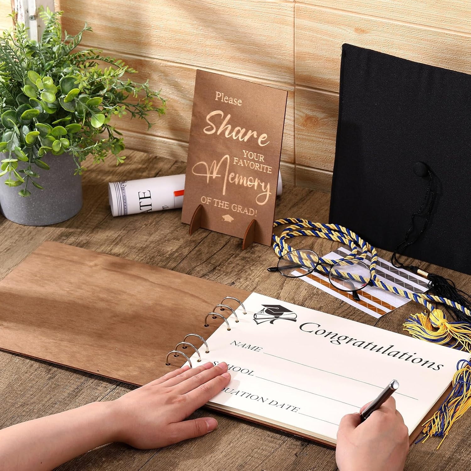 2025 Graduation Guest Book with Wood Graduation Photo Guestbook Sign with Stand Pen Photo Stickers Memory Scrapbook Album DIY Kit Grad Gifts for College High School Grad Party Supplies