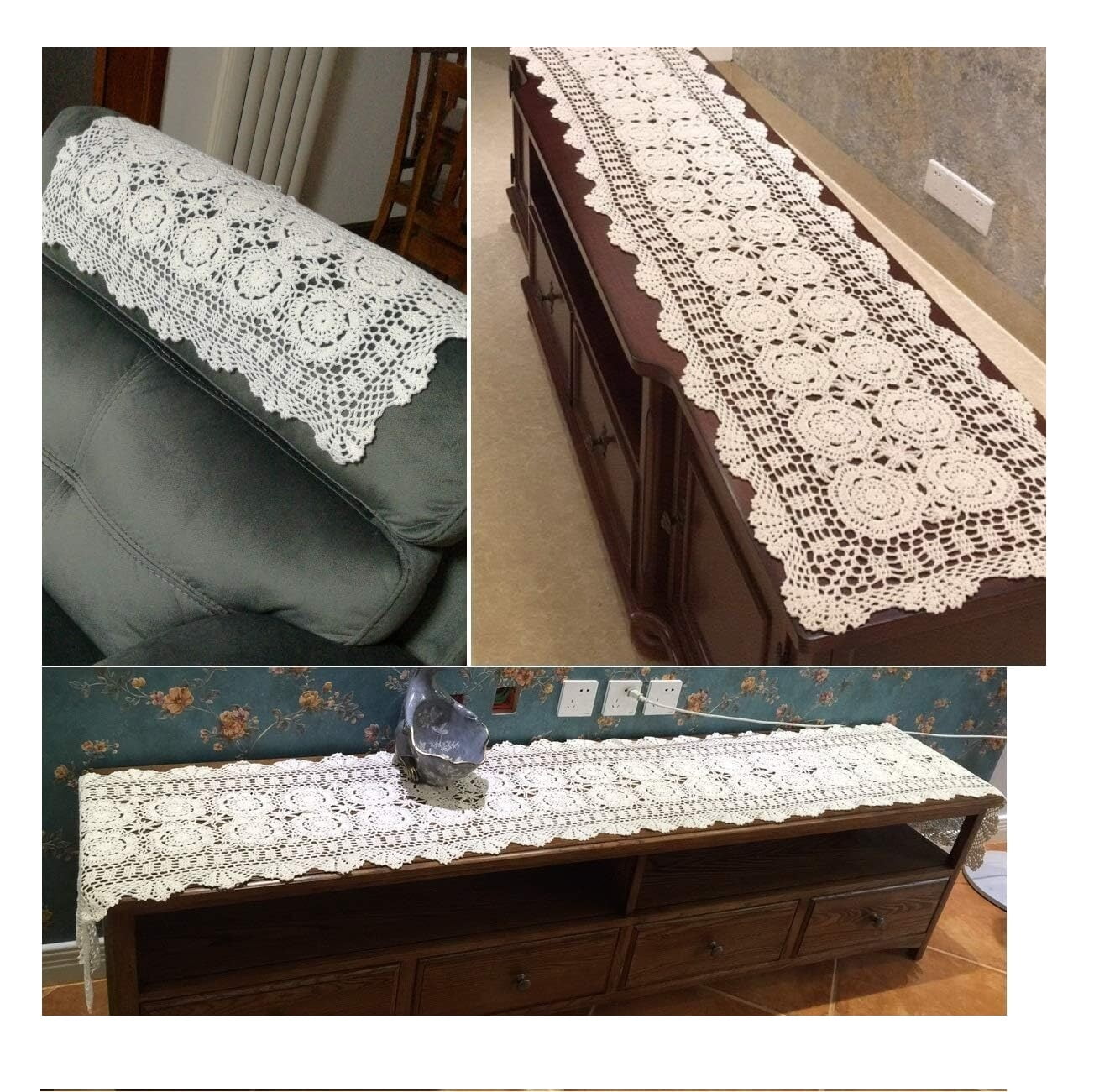 Crochet Lace Table Runner Rectangular Floral Home Dining Table Dresser Décor  Rustic Wedding Bridal Shower Tabletop Cover