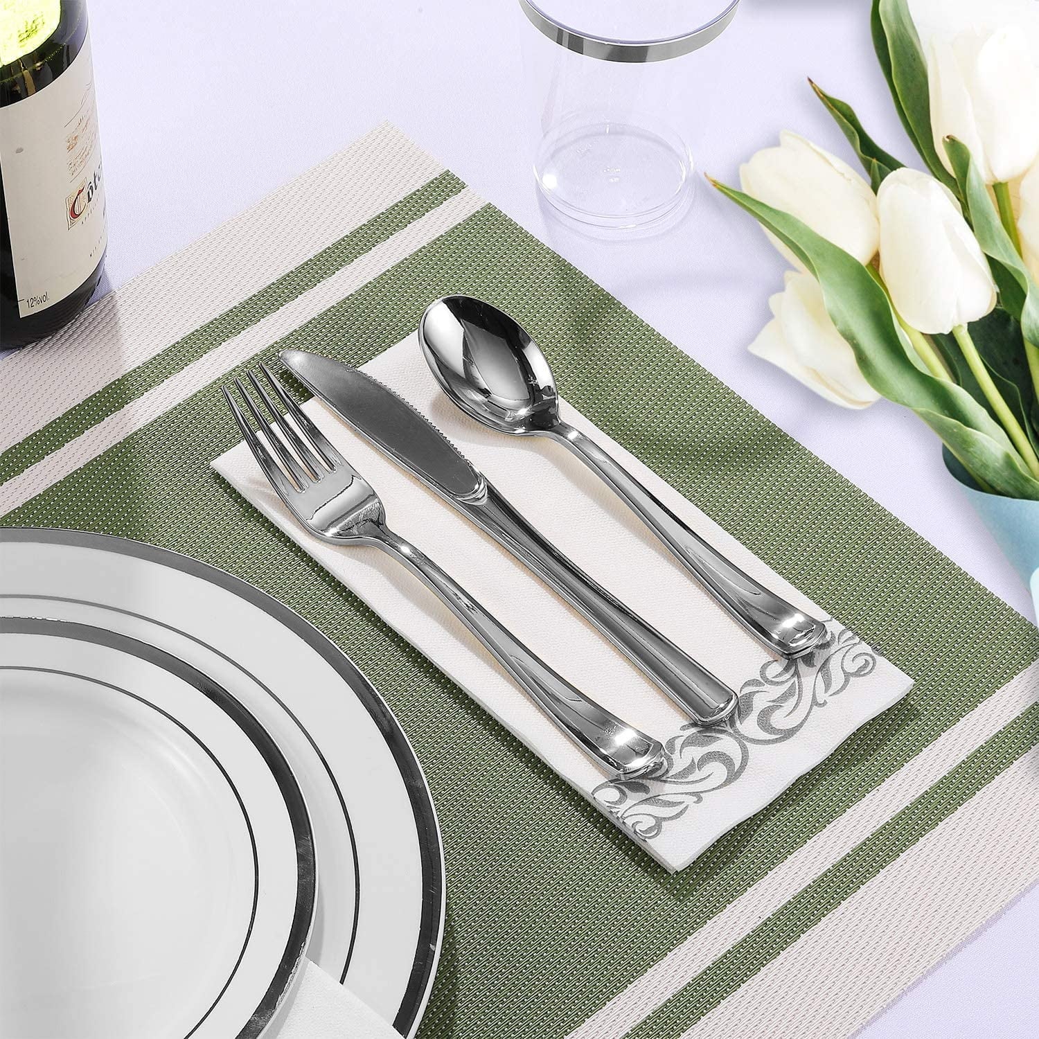 350 Piece Silver Dinnerware Set 50 Guest-100 Silver Rim Plastic Plates-50 Silver Plastic Silverware-50 Silver Plastic Cups-50 Linen Feel Silver Paper Napkins,FOCUSLINE Disposable Dinnerware Set