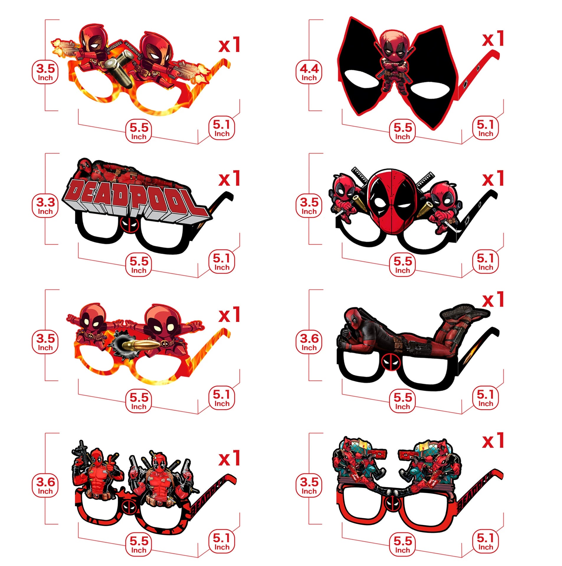 16Pcs Deadpool Themed Paper Glasses, Party Supplies Photo Booth Prop Cartoon Character Cosplay Birthday Gift for Kids.