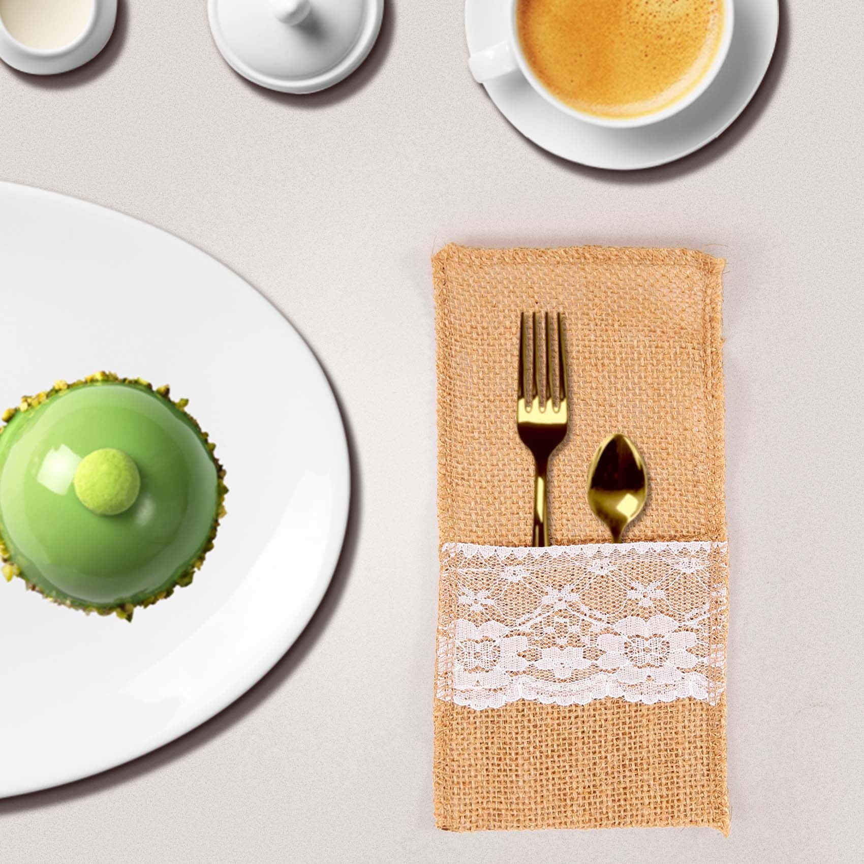 50 pcs Natural Jute Cutlery Knives and Forks Cutlery Set Silverware Bag Holder Burlap & Lace Party Wedding Decor, 21x11cm