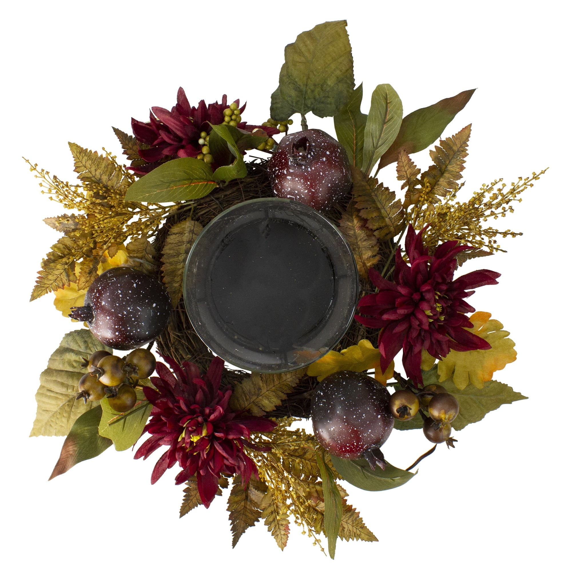 22" Autumn Harvest Mums with Pomegranate Autumn Centerpiece Glass Candle Holder