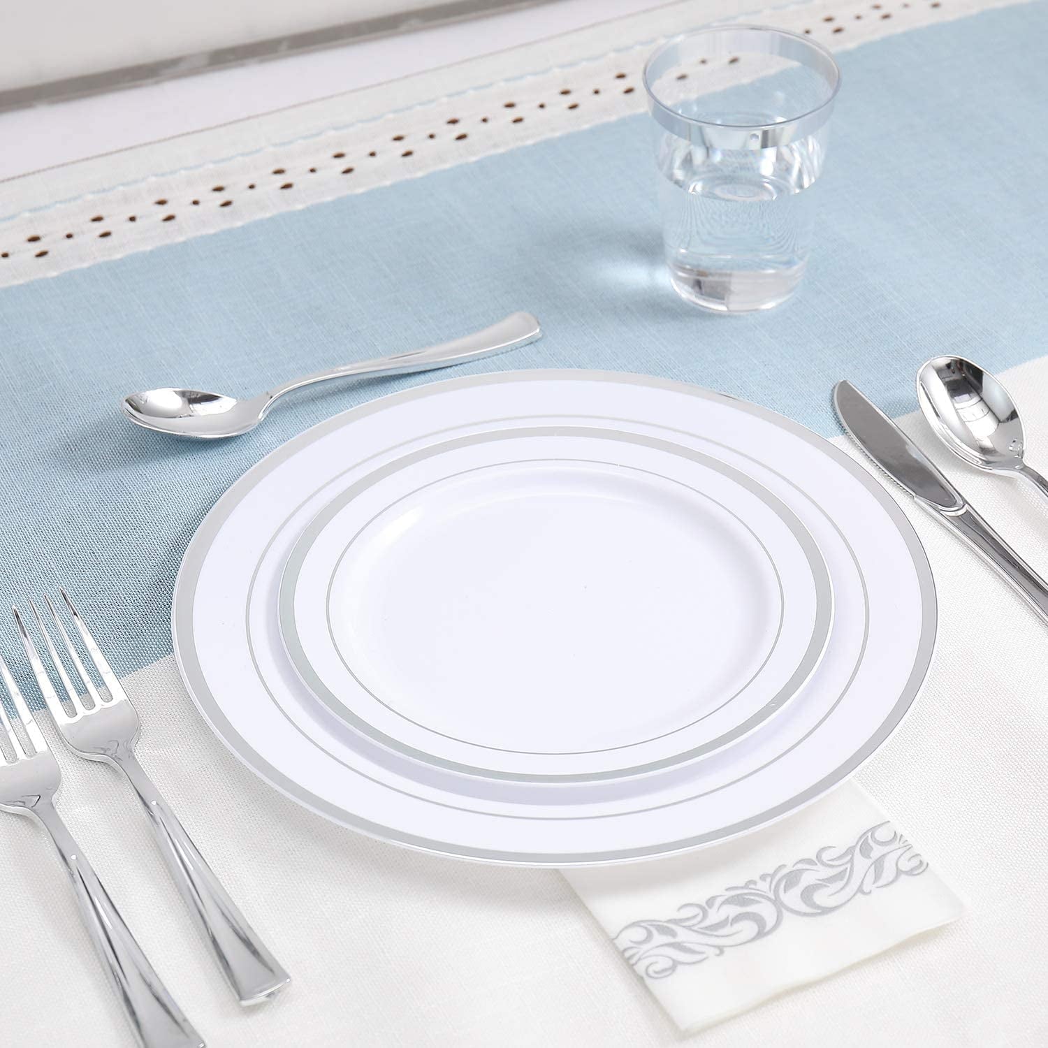 350 Piece Silver Dinnerware Set 50 Guest-100 Silver Rim Plastic Plates-50 Silver Plastic Silverware-50 Silver Plastic Cups-50 Linen Feel Silver Paper Napkins,FOCUSLINE Disposable Dinnerware Set