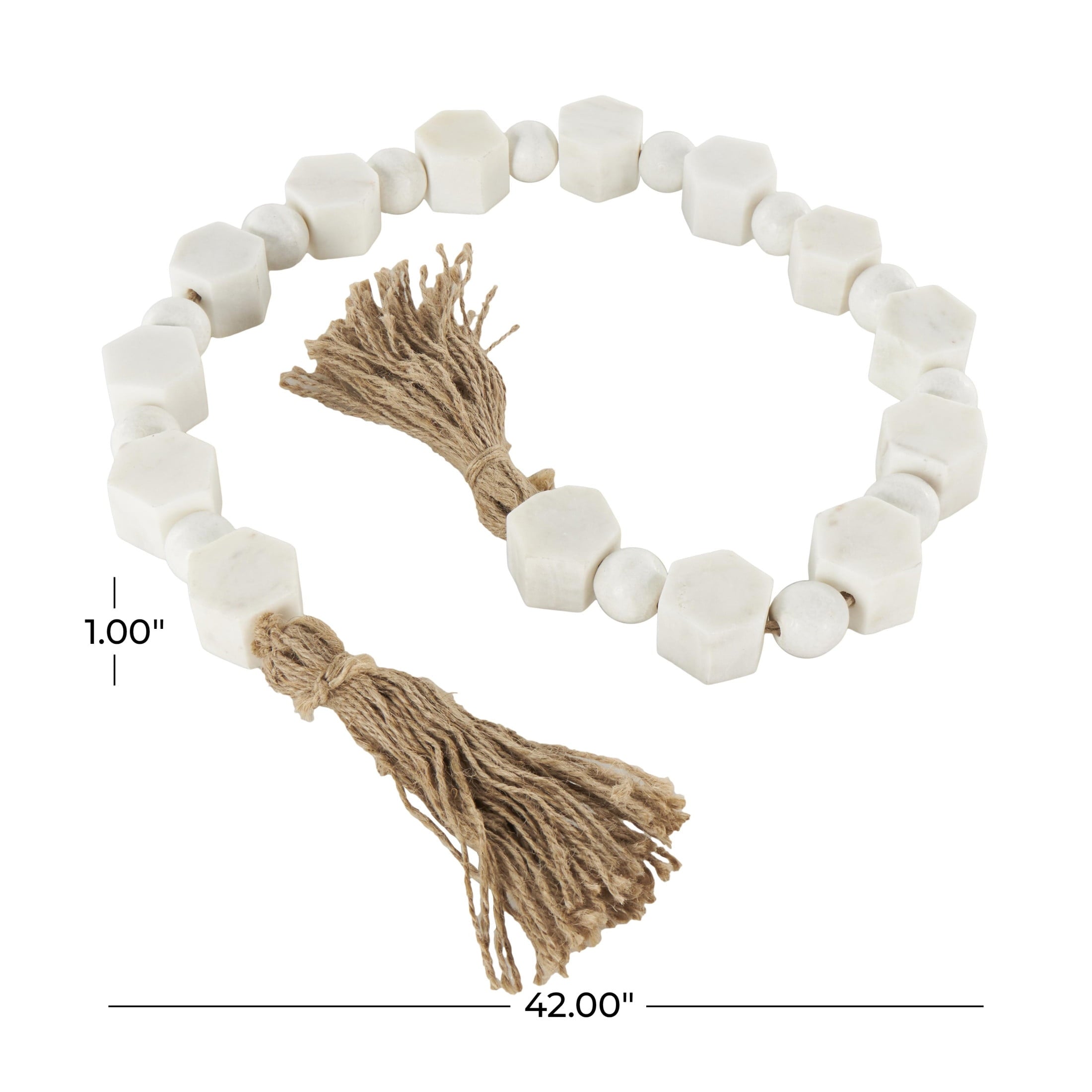 DecMode Handmade Hexagon White Marble Garland with Tassel with Knotted Brown Jute
