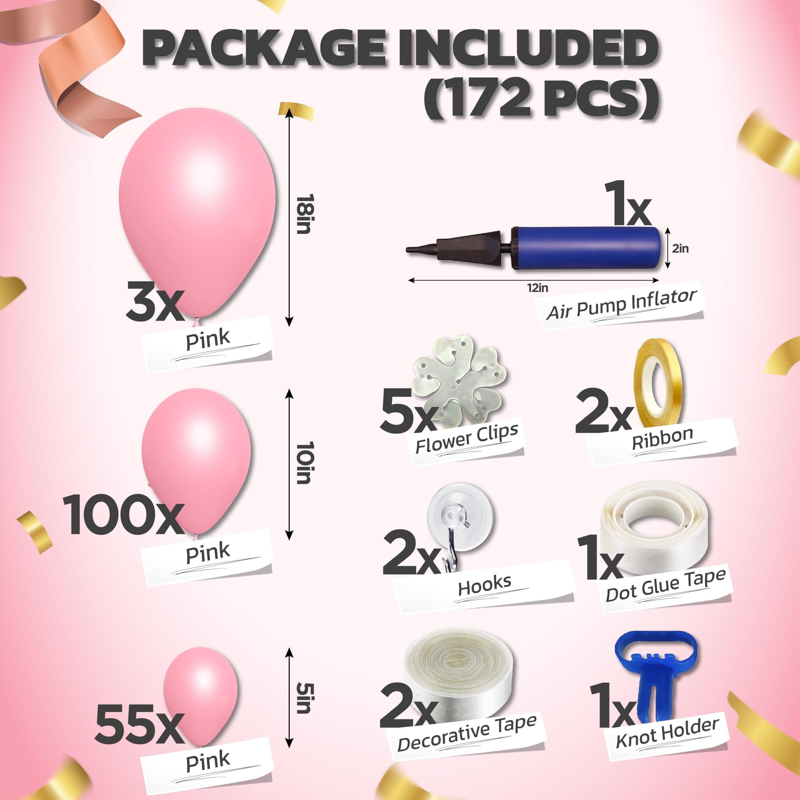 172 Pcs Light Pink Balloons Garland AFN1Arch Kit in Various Sizes 18, 10, 5 Inches with Air Pump, Baby Pink Balloons for Bridal Shower, Baby Shower, Wedding and Birthday Party Decoration