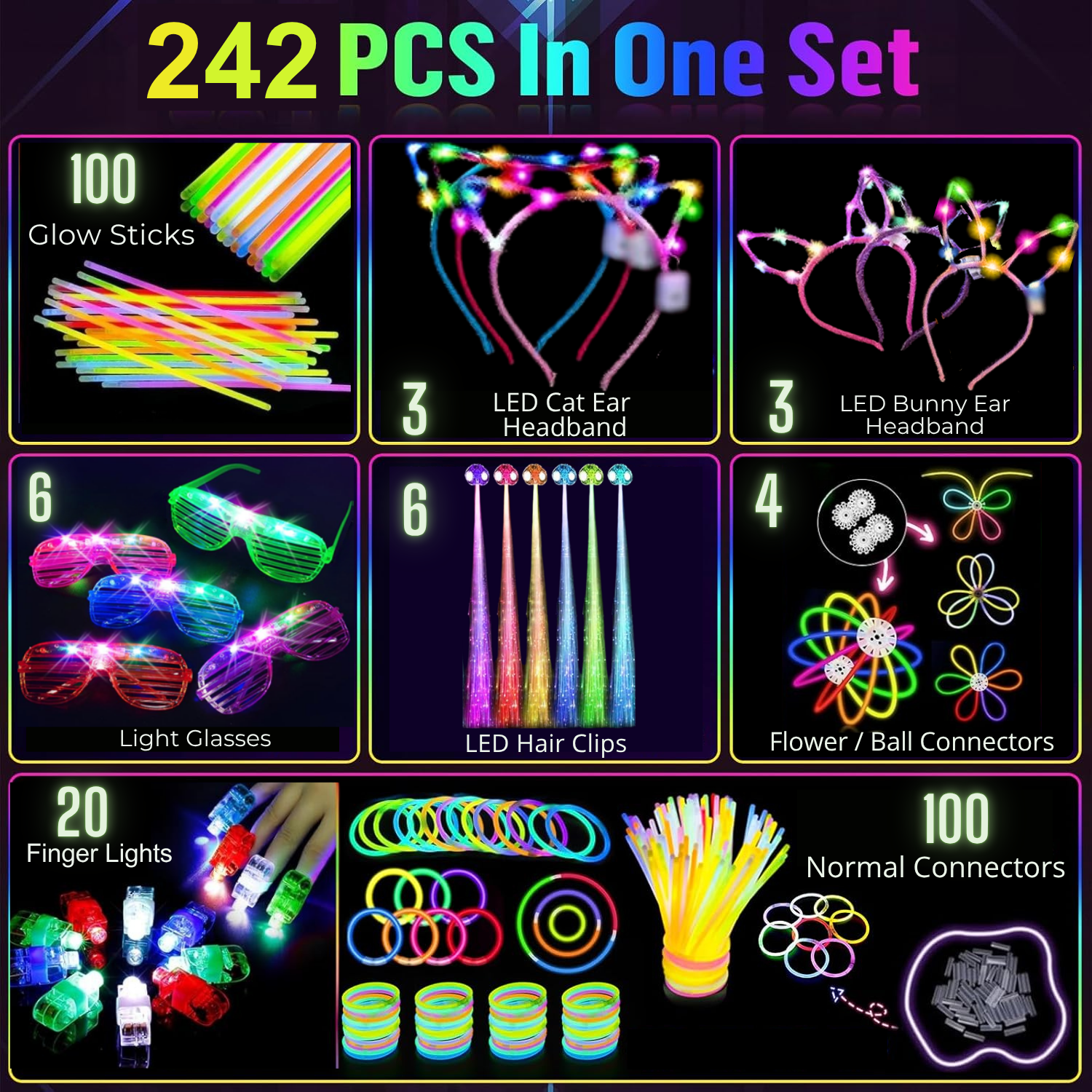 242PCS Glow in the Dark Party Supplies, Light Up Glasses, Headband, Rings, 100 Glow Sticks Bulk Party Pack for Neon Party, Wedding, Birthday, Concert, New Year, Carnivals, Raves