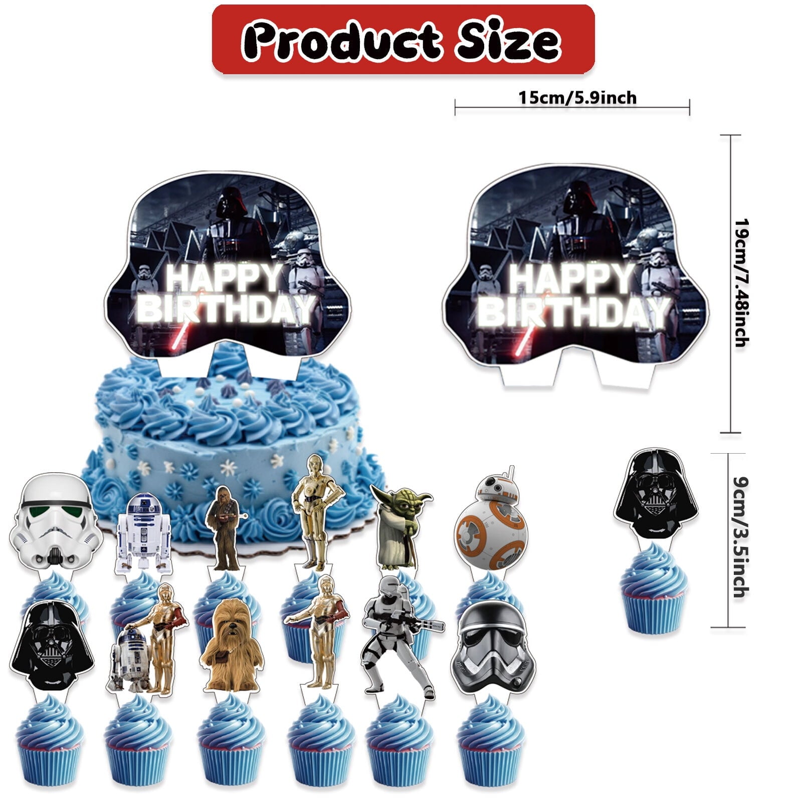34 Pcs For Star Cartoon For Wars Party Decoration Set Mandalorian– Yoda Includes Backdrop, 2 Foil Balloons, 18 Balloons, and 13 Cupcake Toppers for Themed Celebrations