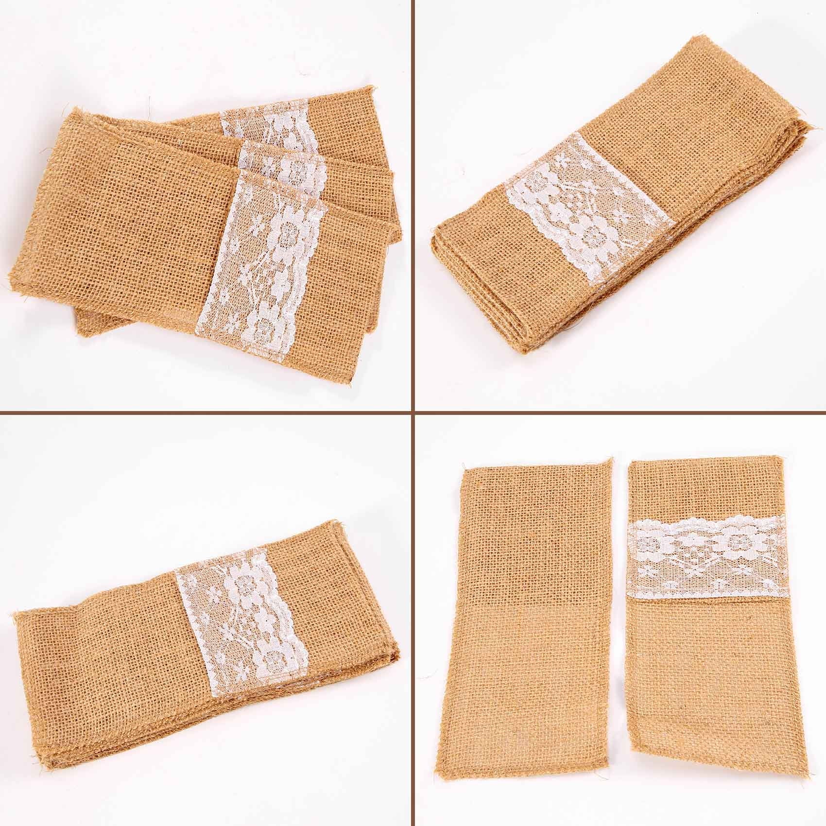 50 pcs Natural Jute Cutlery Knives and Forks Cutlery Set Silverware Bag Holder Burlap & Lace Party Wedding Decor, 21x11cm