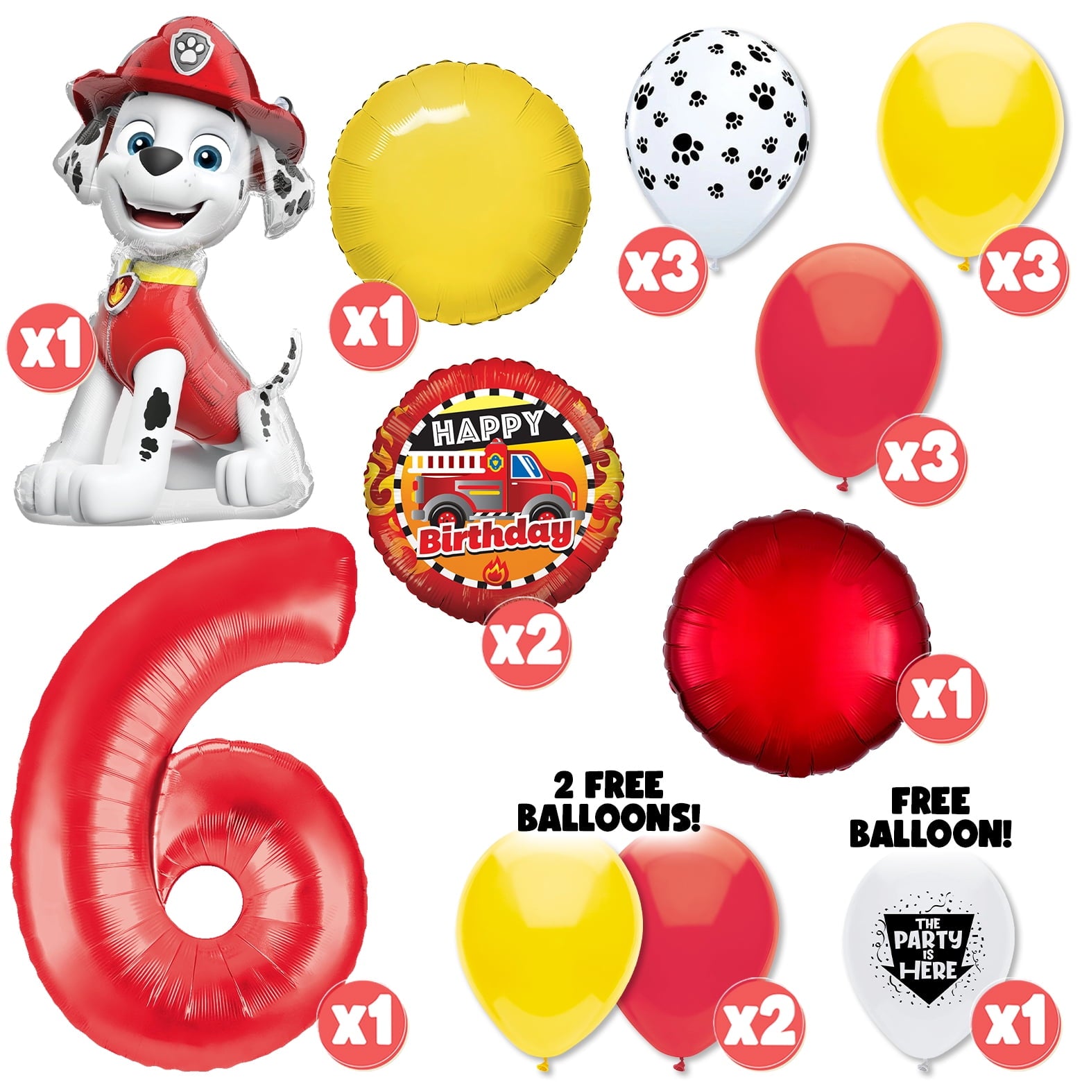 18pc Paw Patrol Marshall Fire Truck Dalmatian Doggy Marshall Birthday Balloon Party Kit with 40" Red Number 6 Balloon - Birthday Party Decoration Supplies