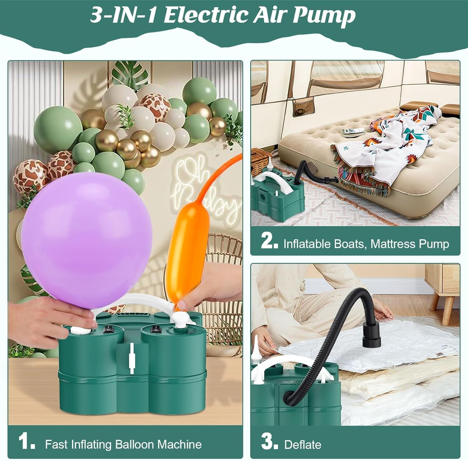 Electric Balloon Pump, Portable Electric Balloon Blower Machine Balloon Air Pump Dual Nozzle 110V 600W Balloon Inflator for Party Decorations