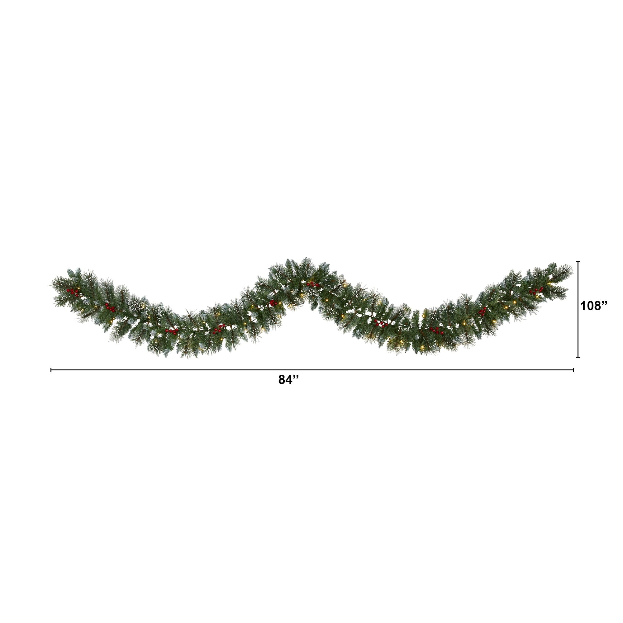 Nearly Natural 9' Green Pine Frosted Christmas Garland with Berries Prelit 50 Clear LED Lights