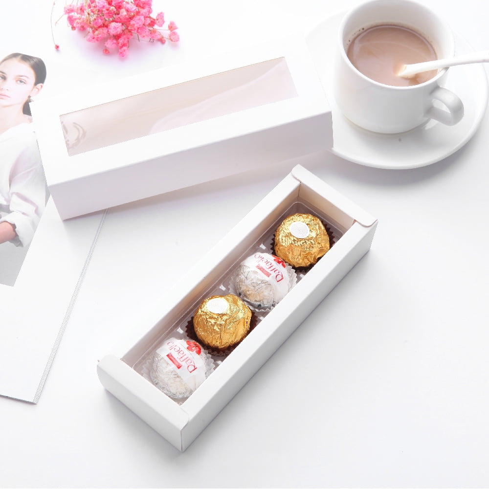 PKGSMART 20 Truffle Boxes, Chocolate Boxes with Clear Window Sleeves, White Candy Boxes with 4-Piece Plastics Tray, 6.2x1.7x1.25 inches
