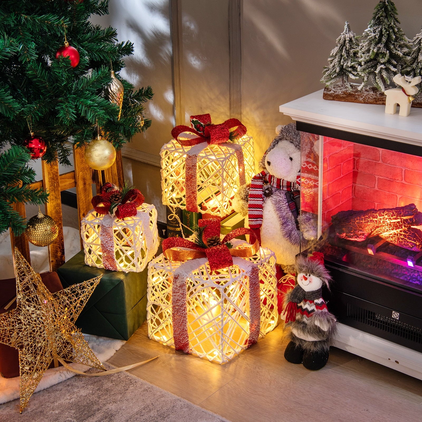 Topbuy Set of 3 Christmas Lighted Gift Boxes Battery Powered Present Boxes w/Red Bows 60 Warm Lights & 6 Hours Timing Function