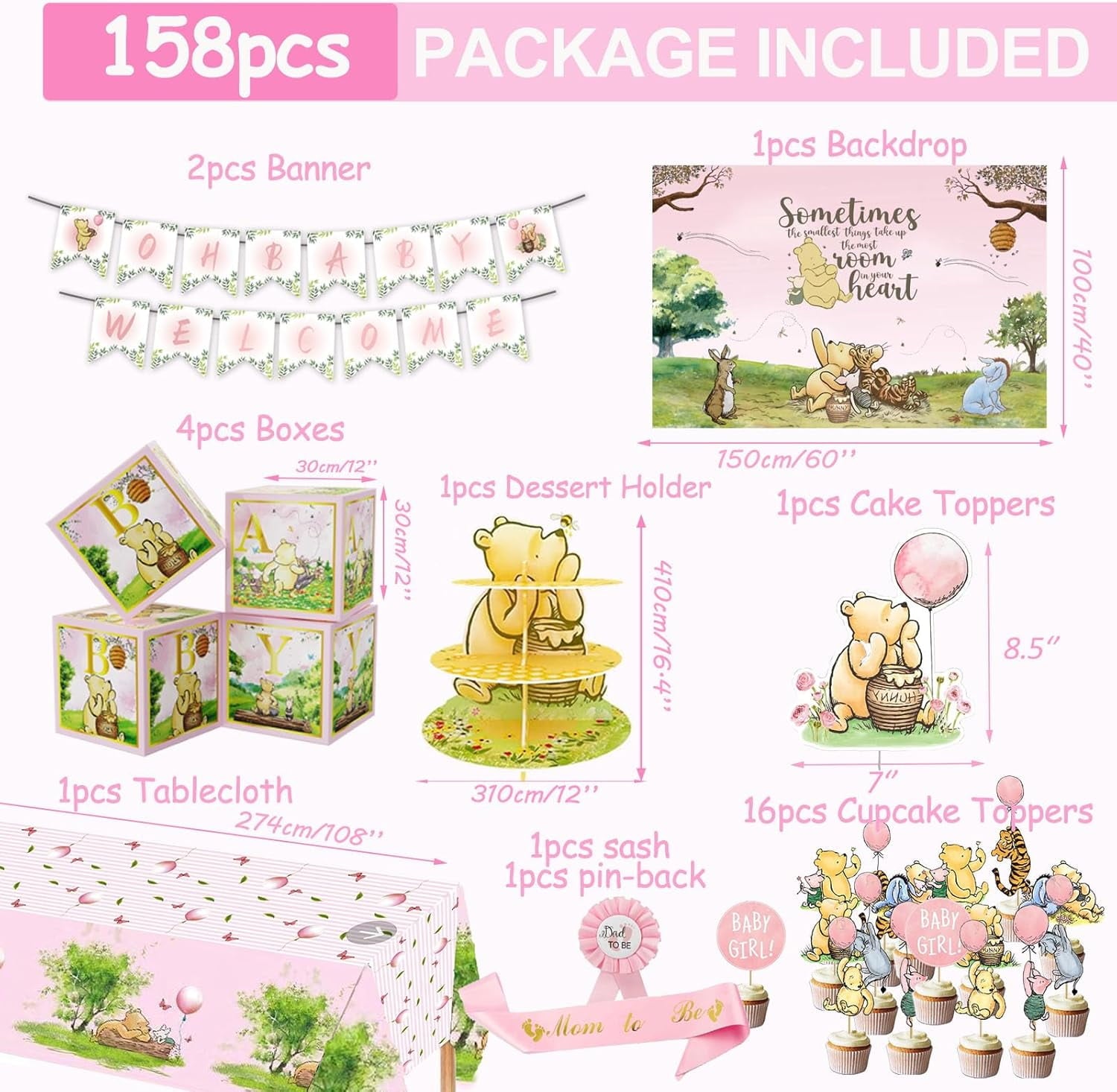158pcs Pink Classic Winnie Baby Shower Decorations Kit, Vintage Winnie Party Supplies Decorations, Classic Pooh Backdrop Cake Topper, Winnie Baby Tablecloth Box Decorations for Girl Boy Baby Shower