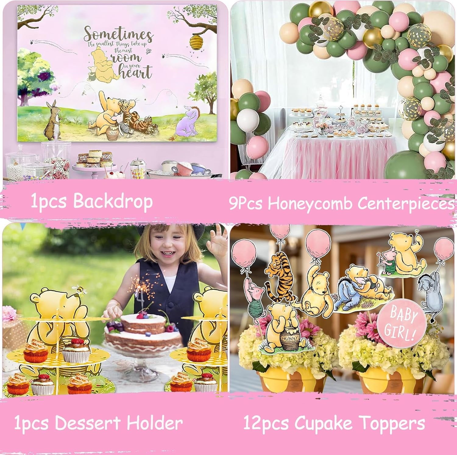 158pcs Pink Classic Winnie Baby Shower Decorations Kit, Vintage Winnie Party Supplies Decorations, Classic Pooh Backdrop Cake Topper, Winnie Baby Tablecloth Box Decorations for Girl Boy Baby Shower