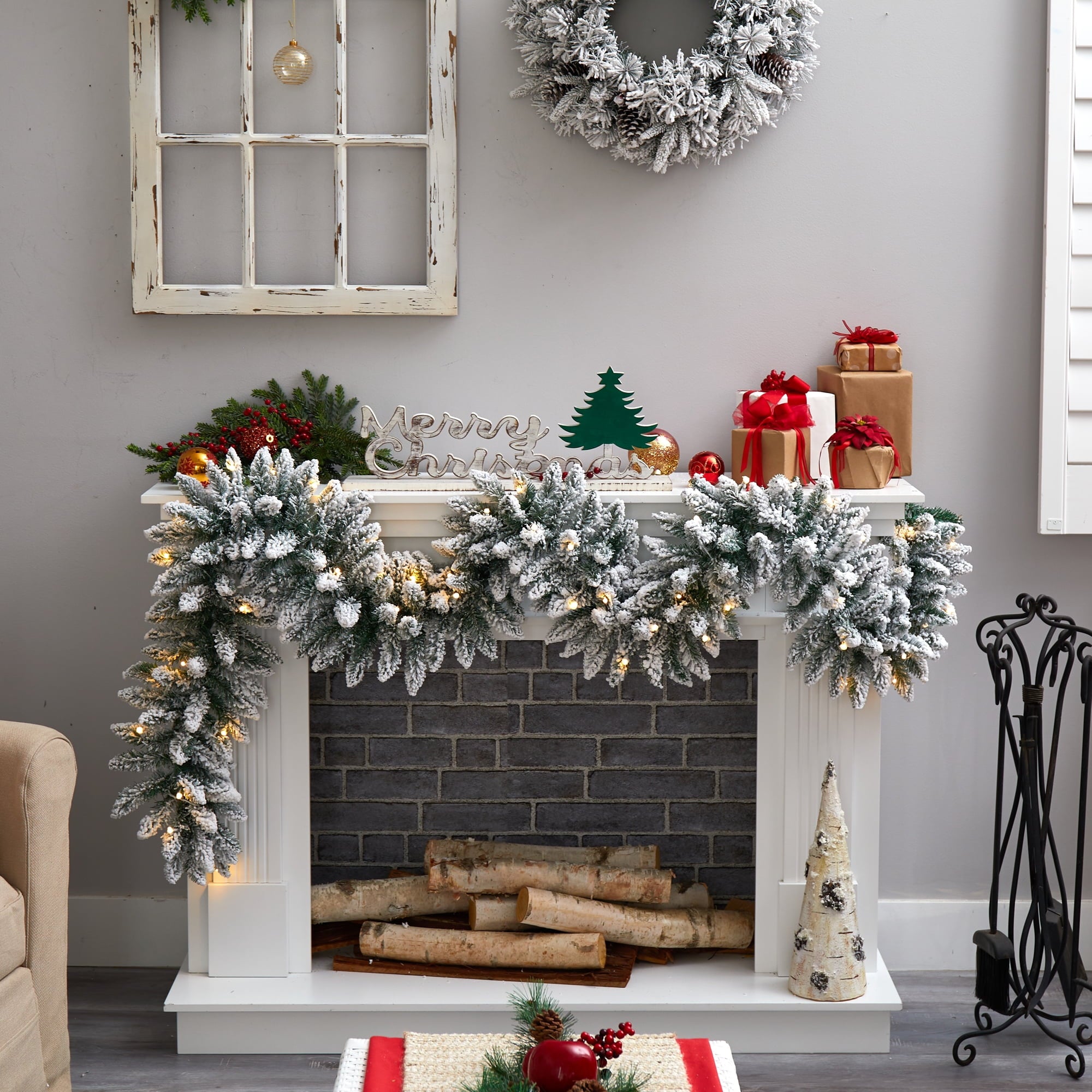 Nearly Natural Christmas Flocked White Prelit LED Battery Operated Garland, 108" (White)