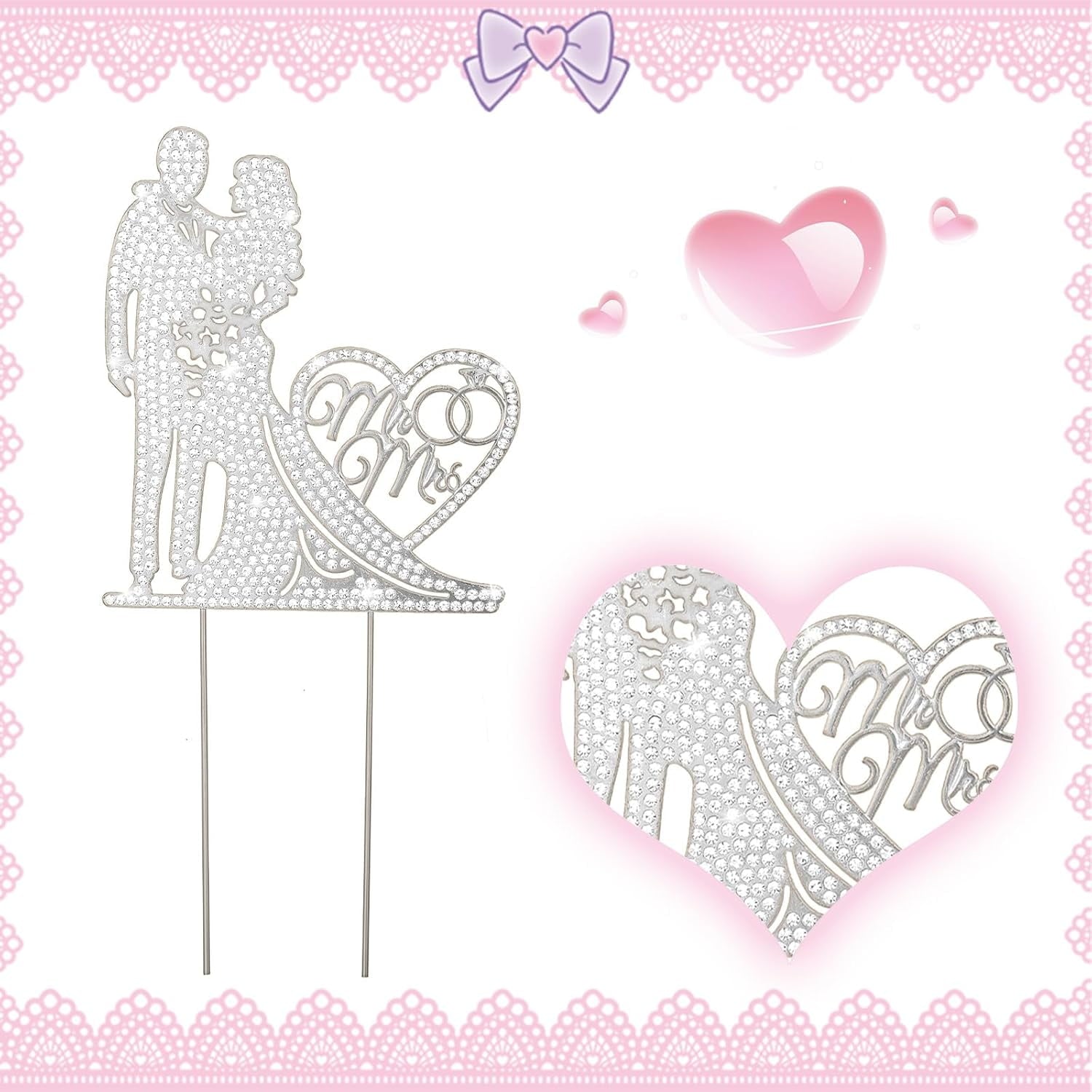 Mr and Mrs Cake Topper - 1Pcs Rhinestone Metal Love Bride and Groom Wedding Cake Topper - Silver Anniversary Party Bridal Shower Engagement Cake Decorations (Silver)
