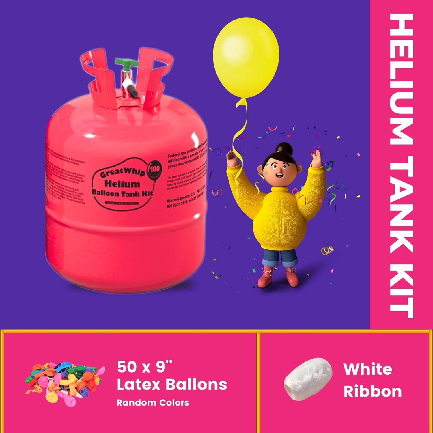 GreatWhip 22L Helium Tank up to 100 Latex (9")Balloons Helium Tank for Balloons at Home Helium Balloon Pump Kit Blend