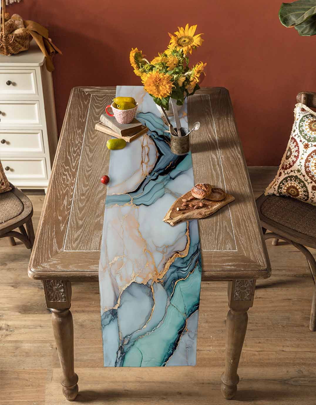 Marble Table Runner Turquoise Gray Blue Gradient Modern Geometric Tablerunners 18 x 72 Inch, Table Decorations Tabletop Scarf for Summer Gathering Holiday Farmhouse Kitchen Dining Decor