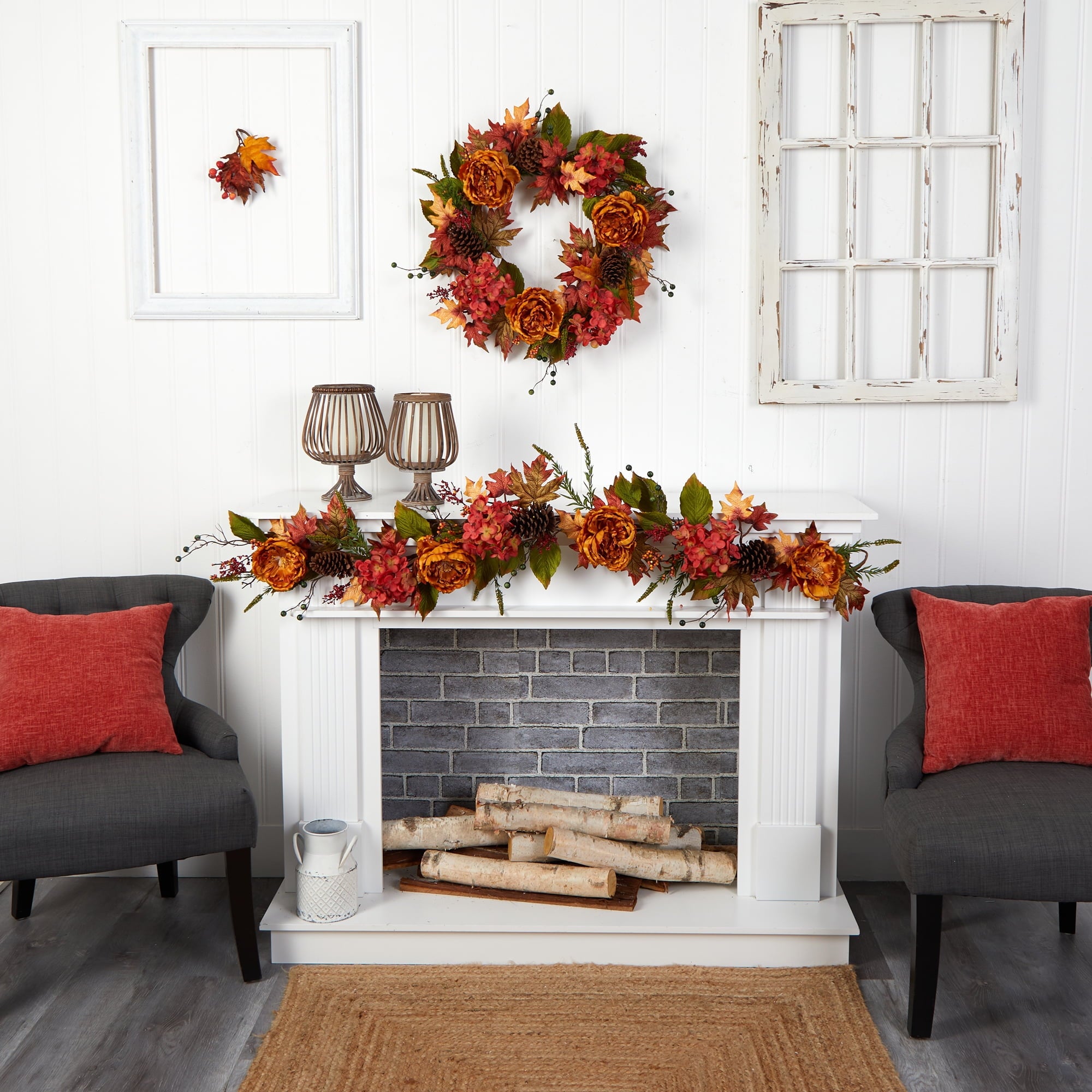 Nearly Natural Unlit Ranunculus Hydrangea Autumn Artificial Garland, 72" (Orange)