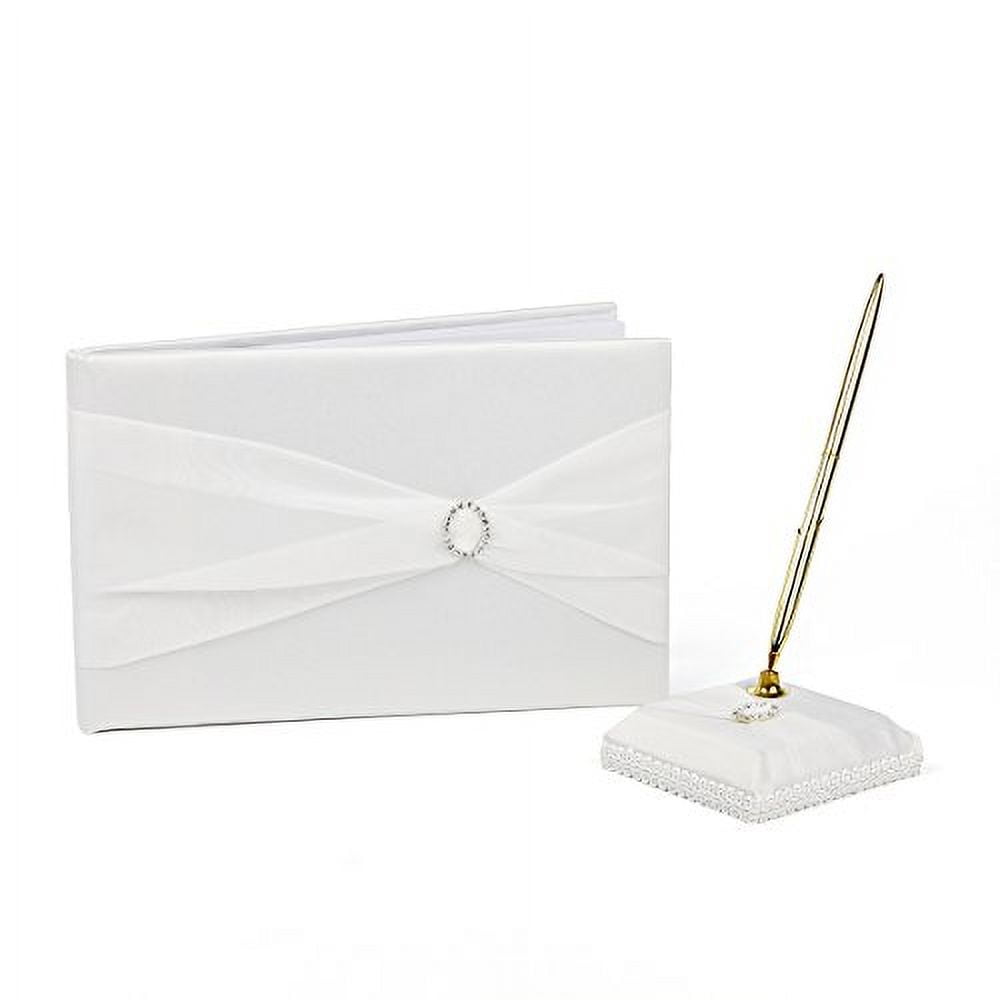 Satin Rhinestone Wedding Guest Book and Pen Set