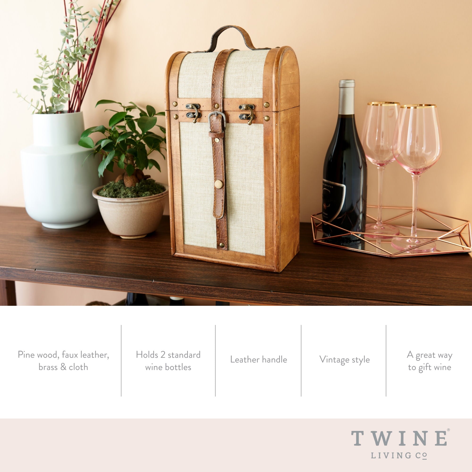 Twine Vintage Trunk Wooden Wine Gift Box, 2-Bottle Wine Box, Wedding Gifts