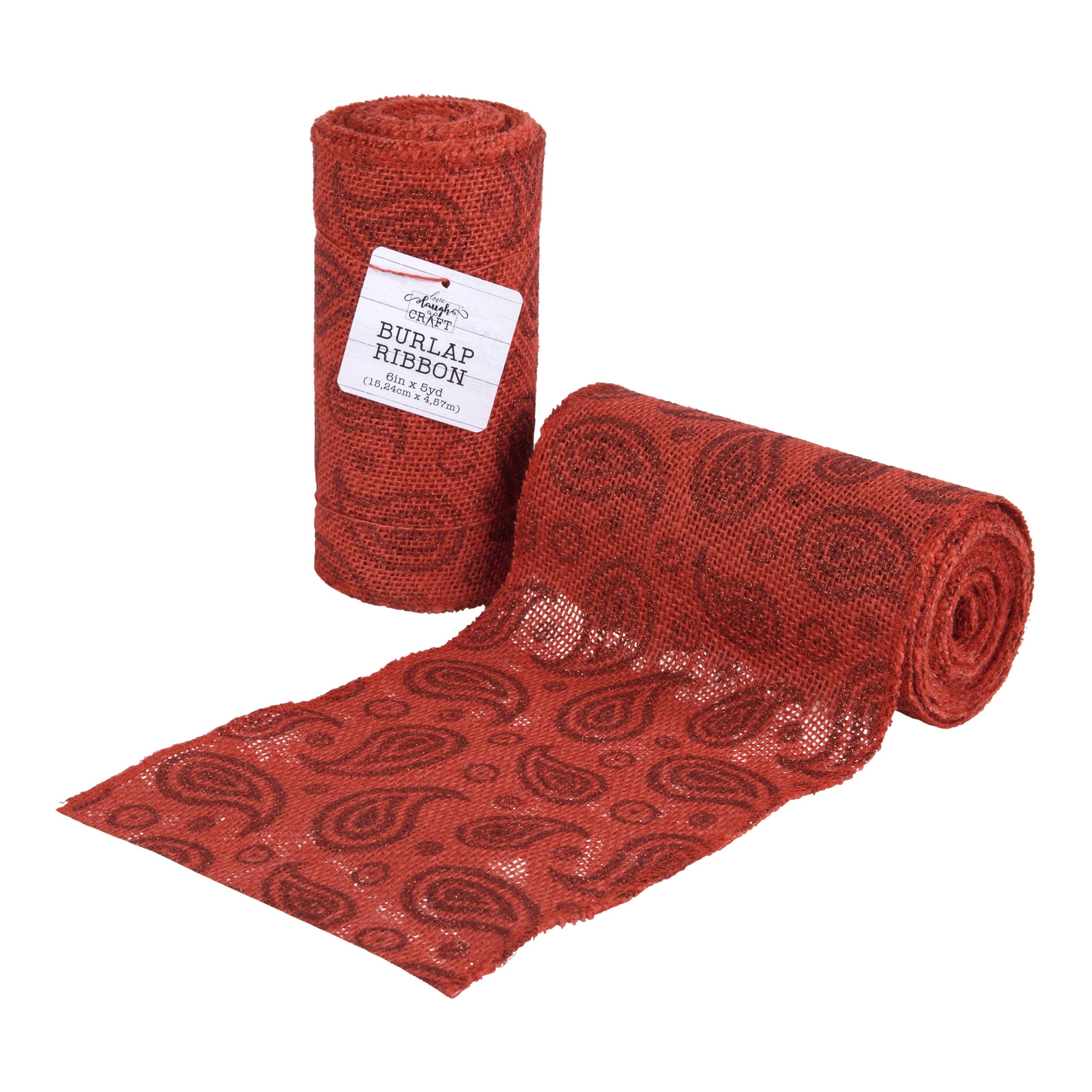 Love, Laugh, Craft Jute Burlap Precut Ribbon, 6"W x 5-Yards, 7-Pack, 740-24KIT, Red Paisley Glitter