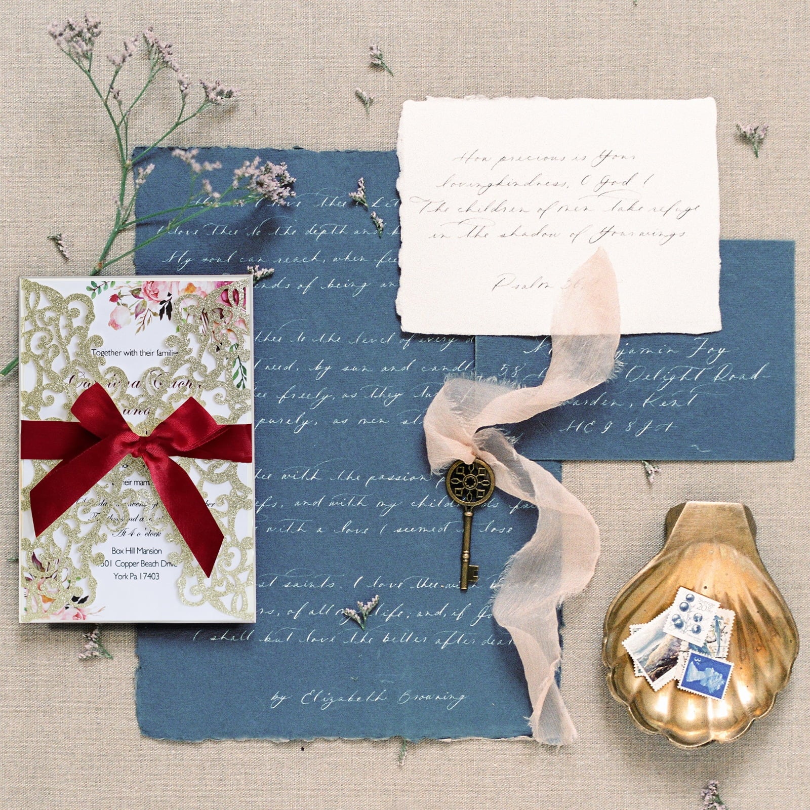 25PCS Wedding Invitation,Gold invitations,Gold Powder Floral Laser Cut with Blank Inner Sheet, Envelopes and Ribbons for Party Wedding Engagement Bridal Bridal Shower Invite