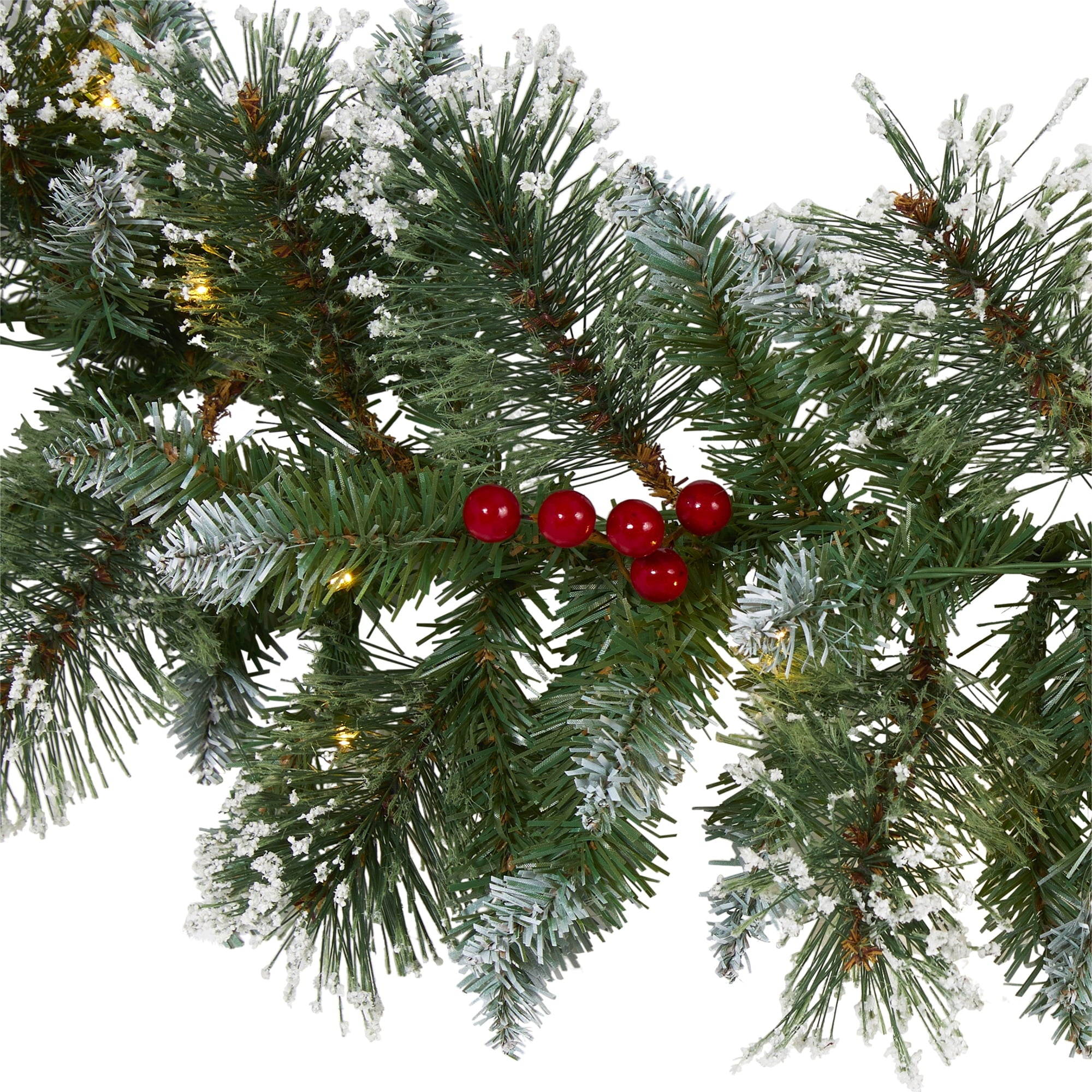 Nearly Natural 9' Green Pine Frosted Christmas Garland with Berries Prelit 50 Clear LED Lights