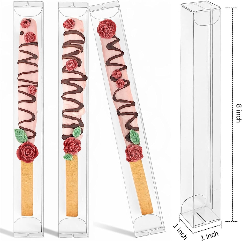 NOGIS 40 PCS Pretzel Rod Boxes 1" x 1" x 8" Chocolate Covered Pretzel Rods Clear PET Favor Boxes for Weddings, Parties, Birthdays, Party Gift Boxes for Candy Gumball Cookies