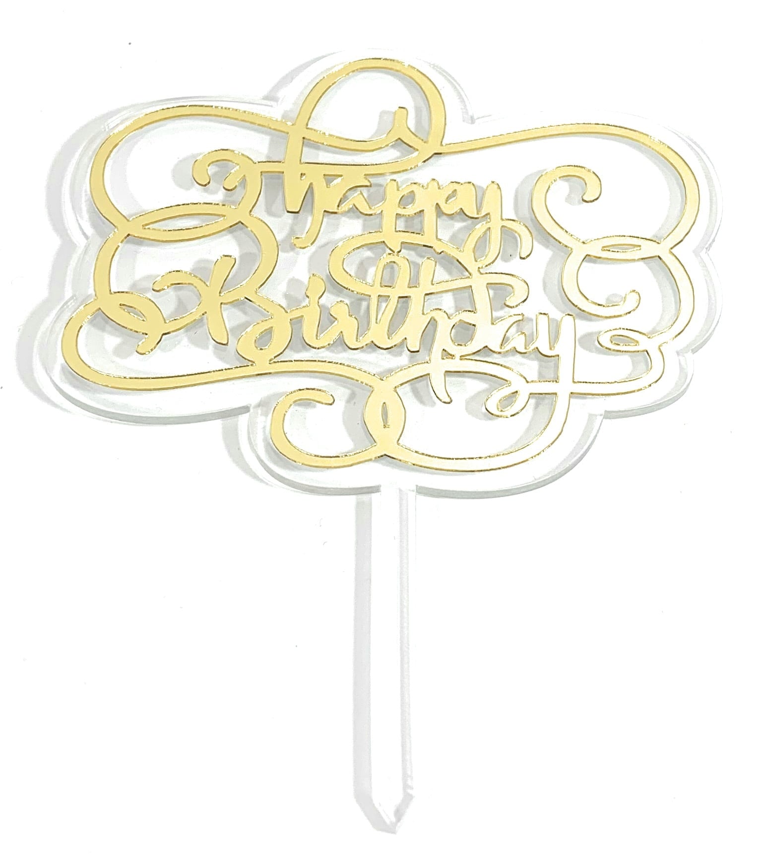 Happy Birthday Cake Topper, Double sided, Clear and Gold Acrylic