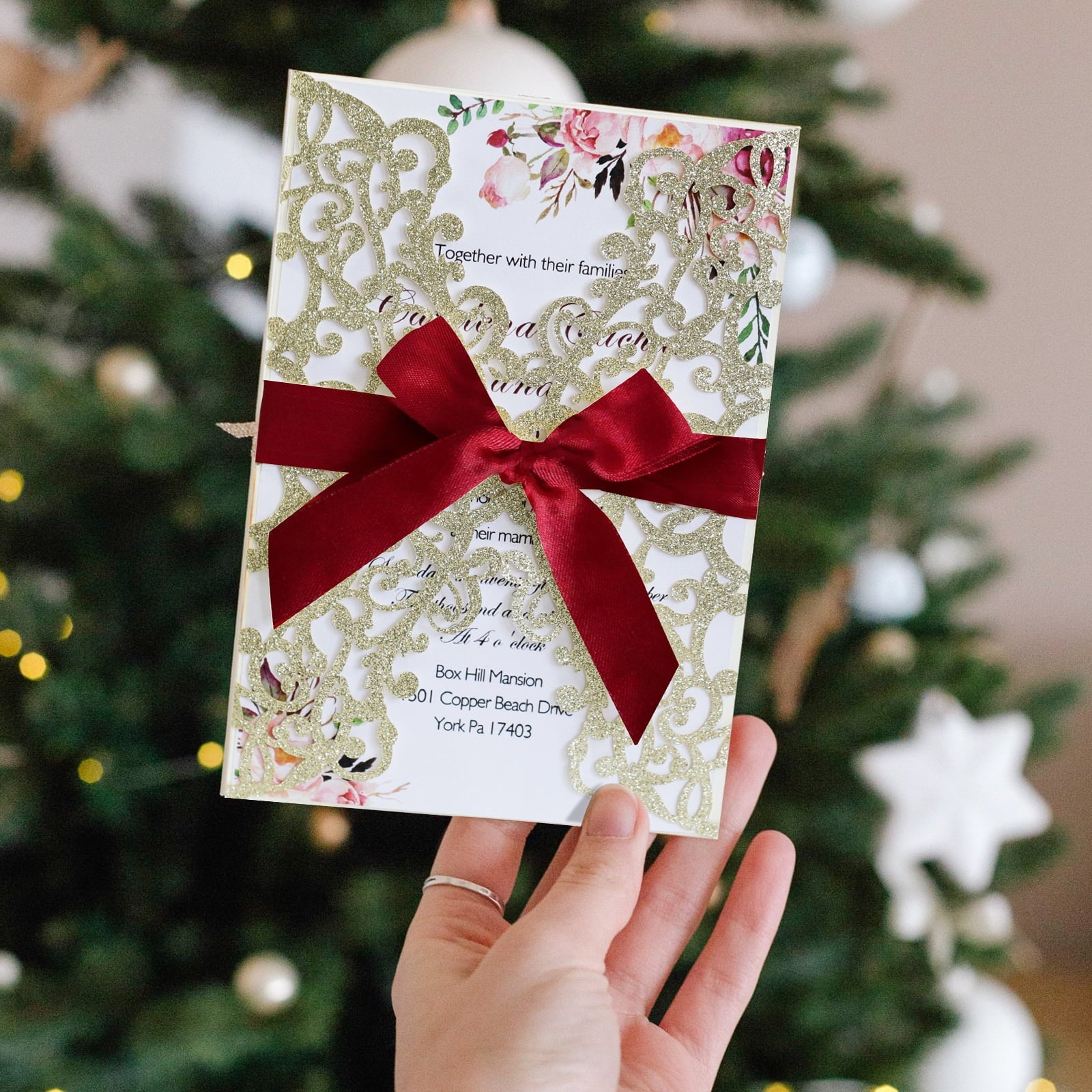 25PCS Wedding Invitation,Gold invitations,Gold Powder Floral Laser Cut with Blank Inner Sheet, Envelopes and Ribbons for Party Wedding Engagement Bridal Bridal Shower Invite