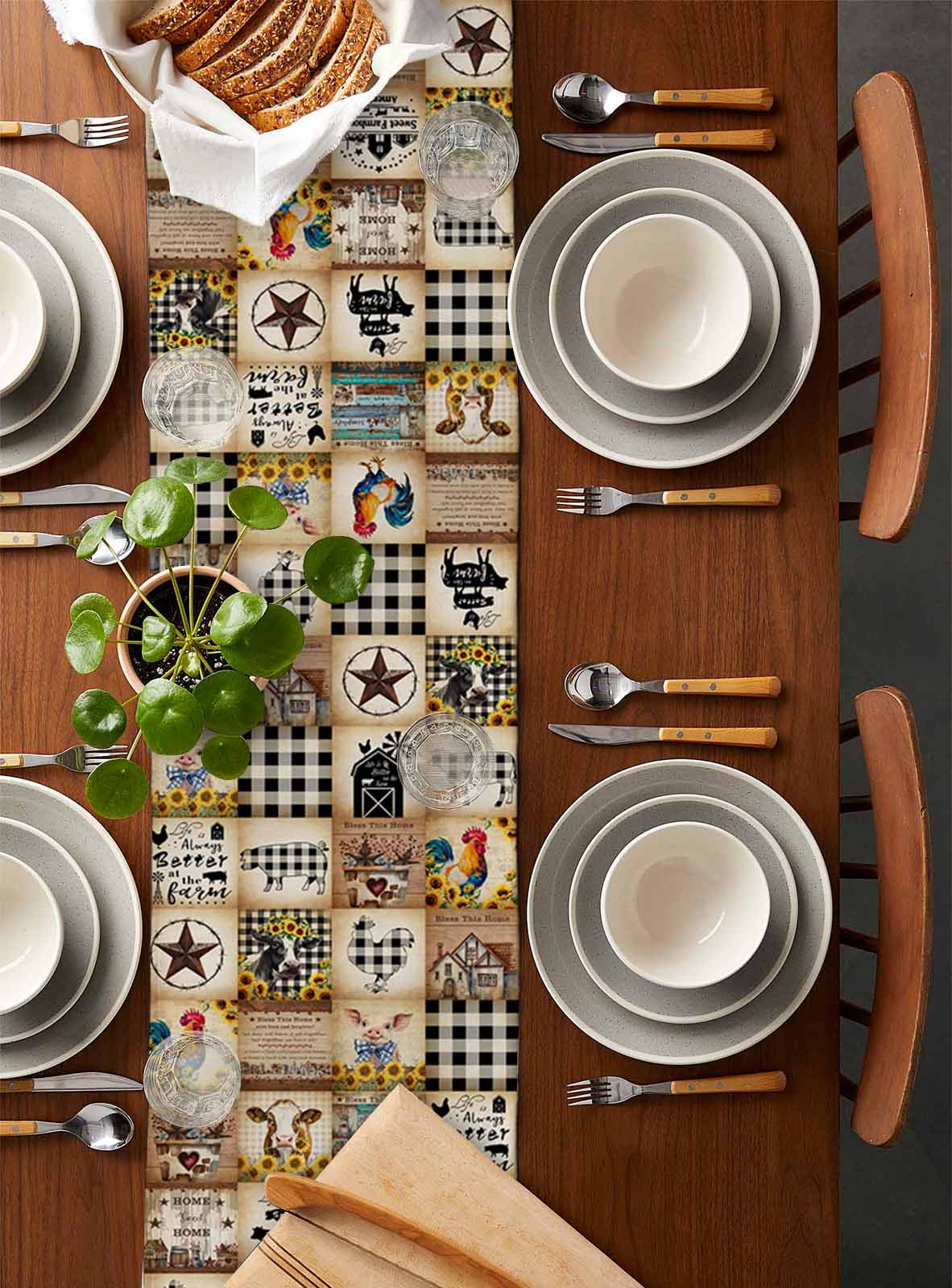 Retro Country Table Runner Vintage Farmhouse Rooster Stars Tablerunners 13 x 90 Inch, Table Decorations Tabletop Scarf for Summer Gathering Holiday Farmhouse Kitchen Dining Decor