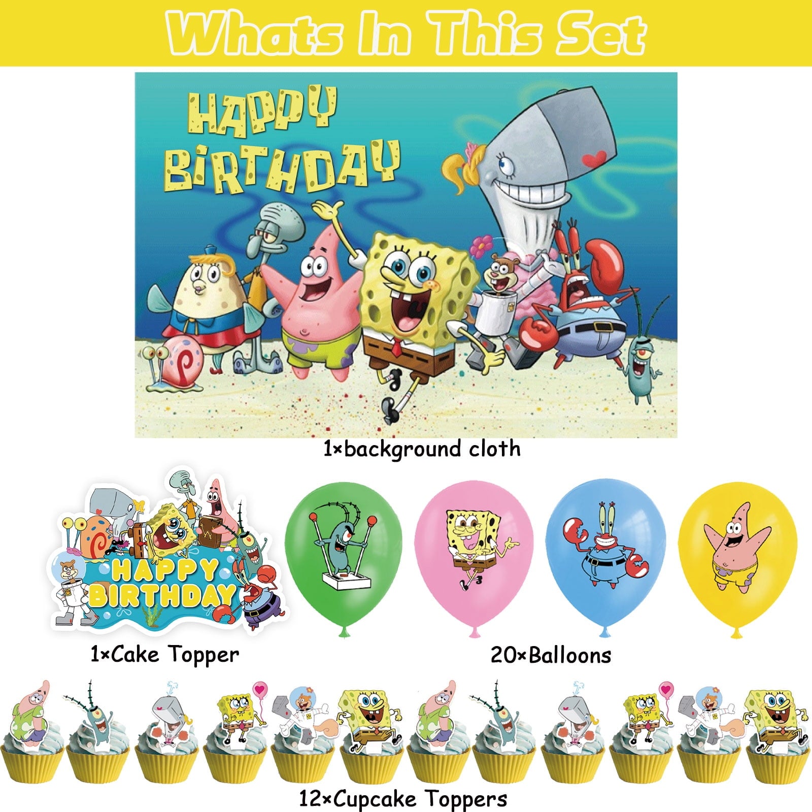 34-Pcs For SpongeBob Cartoon For SquarePants-Themed Party Decoration Set – Includes Backdrop, Cake Topper, 12 Cupcake Toppers, and 20 Balloons for Festive Celebrations