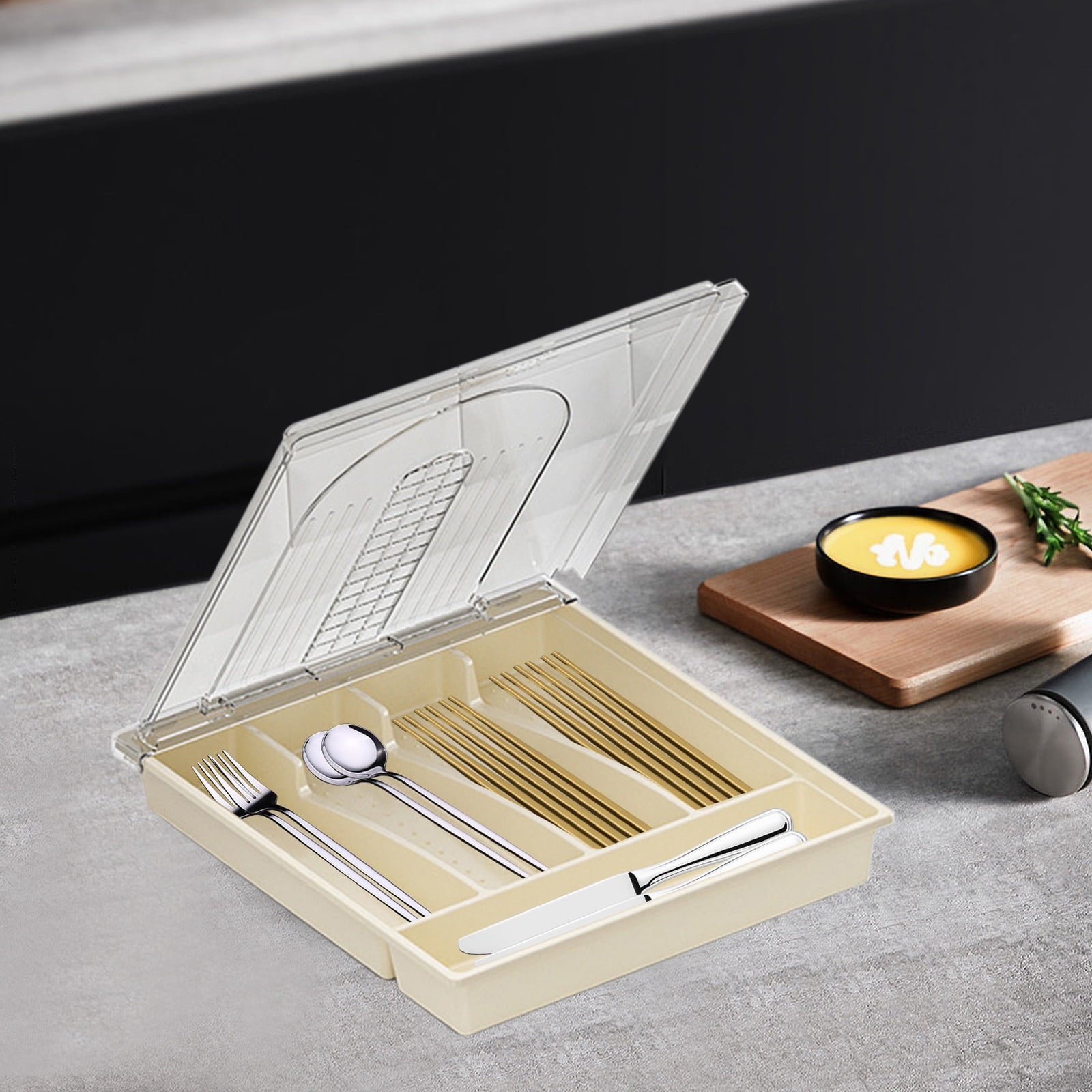 Cutlery Organizer Tray with Lid, Desktop Utensil Drawer Divider, Outdoor Picnic Kitchen Storage for Knives Forks Spoons, Multi-Compartment Tableware Holder