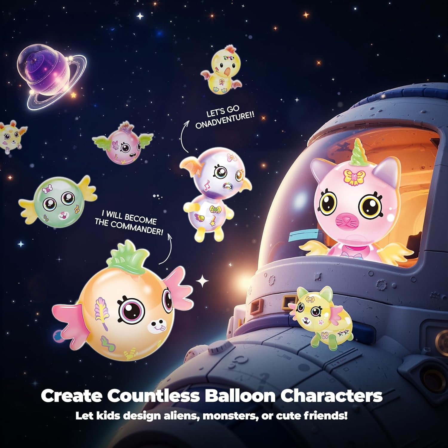 DIY Space Magic Balloon Craft Kit, Sticker Decorated Balloons Toy for Kids, Rocket Air Pump Fun with Balloon Monster Pals, DIY Creative Activity, Birthday Gifts for Girls Boys Ages 3+
