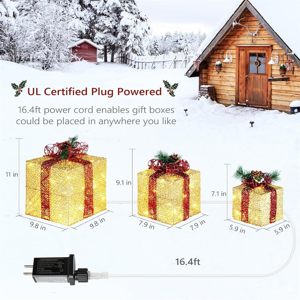 NOGIS Christmas Lighted Gift Boxes Set of 3 with Plug, Weather Proof Nestable Present Boxes Ornament Home Decor Pre-lit 60 LED Lights Pre-Secured Bowknot for Indoor or Outdoor Christmas Decor