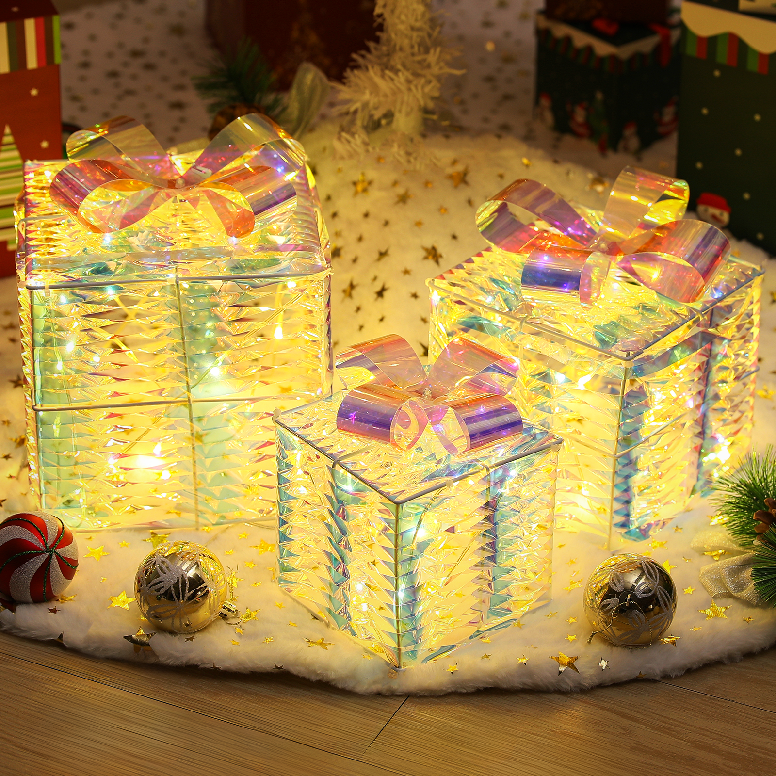 mollie Set of 3 Christmas Lighted Gift Boxes, Plug-in LED Light up Xmas Present Boxes Ornaments for Outdoor Indoor Christmas Tree Yard Holiday Party Favors Home Decor, Transparent