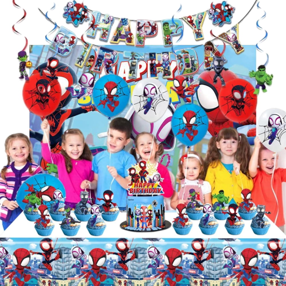 Spidey Birthday Decorations,Cartoon  Party Supplies Set Include Banner, Backdrop, Balloons, Hanging Swirls, Cake Cupcake Toppers, Tablecloth