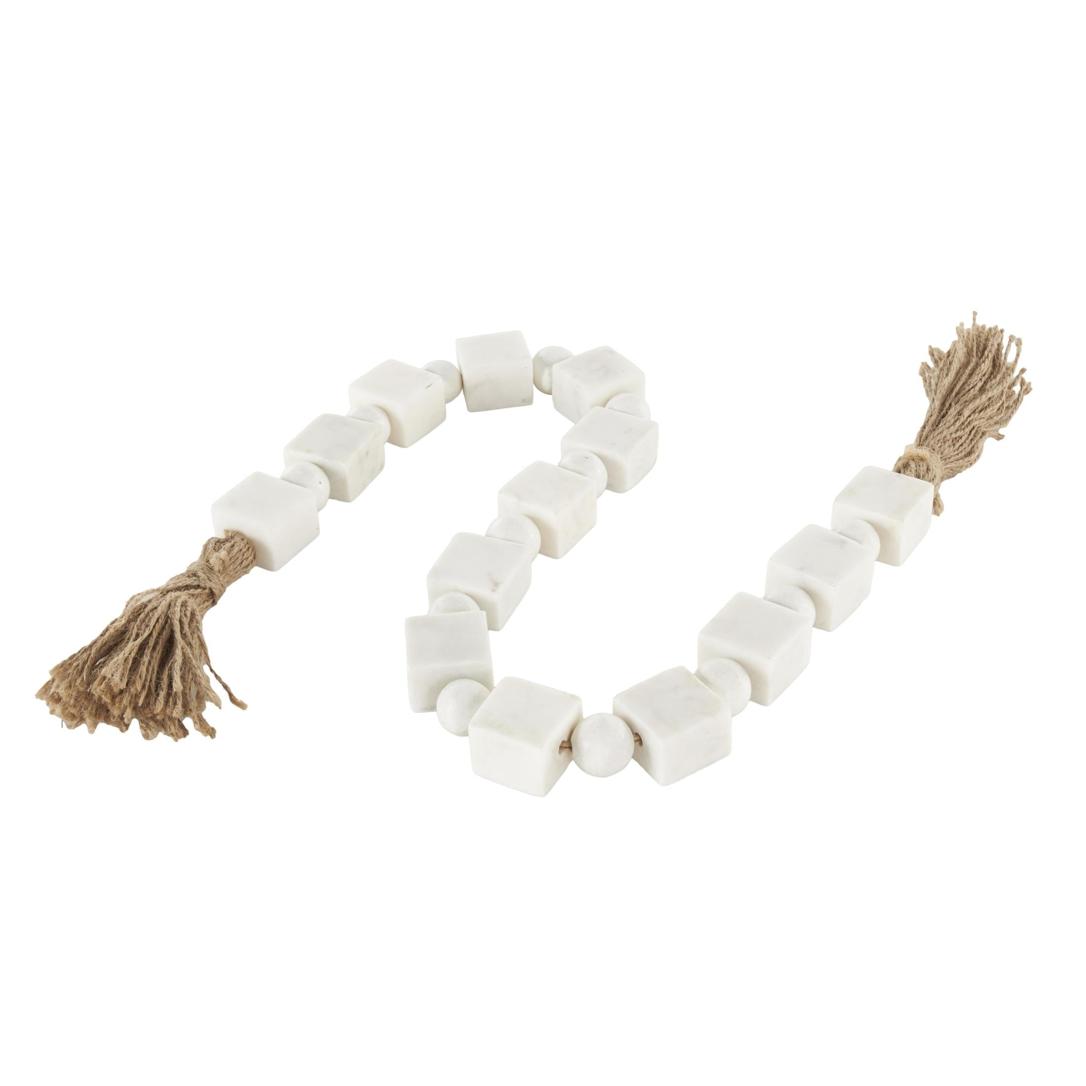 DecMode Handmade Square White Marble Garland with Tassel with Knotted Brown Jute