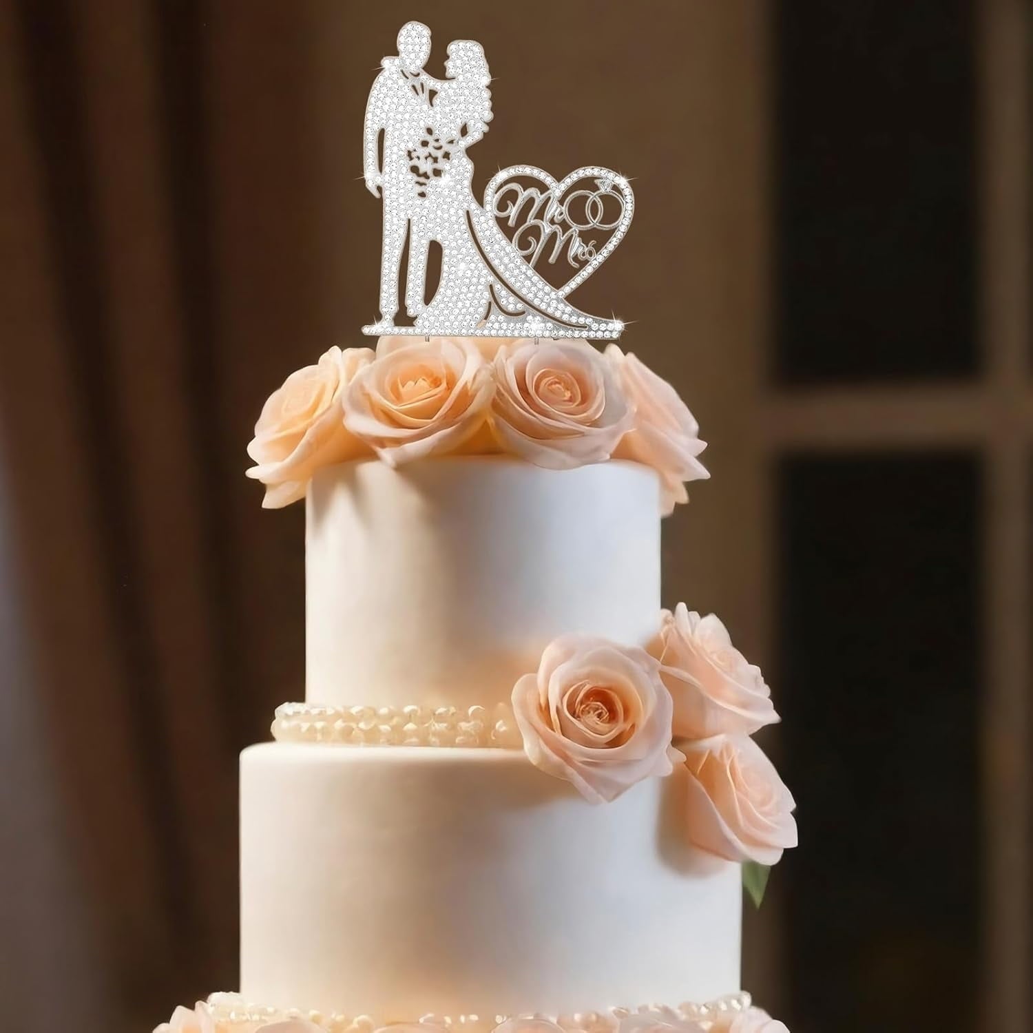 Mr and Mrs Cake Topper - 1Pcs Rhinestone Metal Love Bride and Groom Wedding Cake Topper - Silver Anniversary Party Bridal Shower Engagement Cake Decorations (Silver)