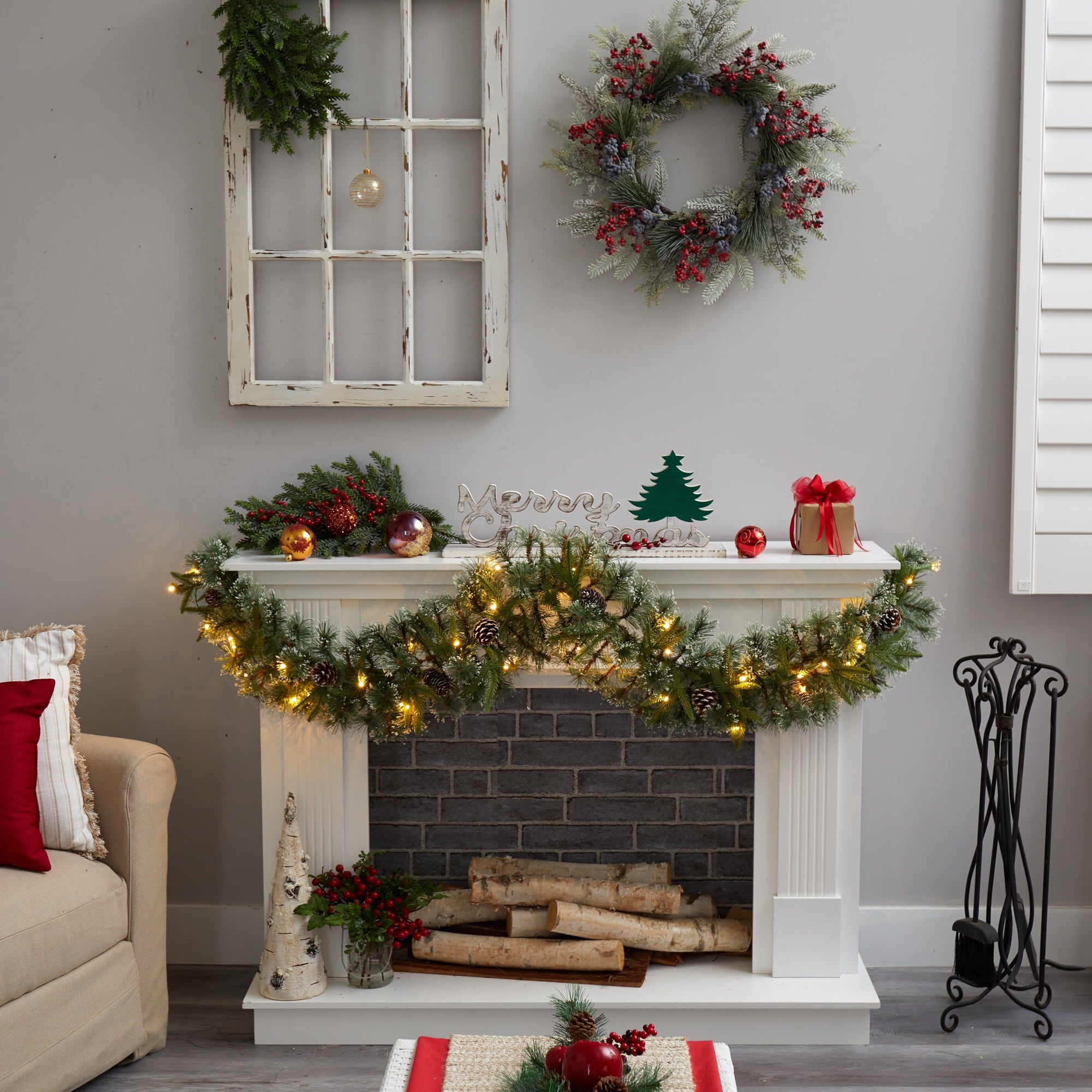 Nearly Natural 6ft. Snow Tipped Christmas Artificial Garland with 35 Clear LED Lights and Pine Cones